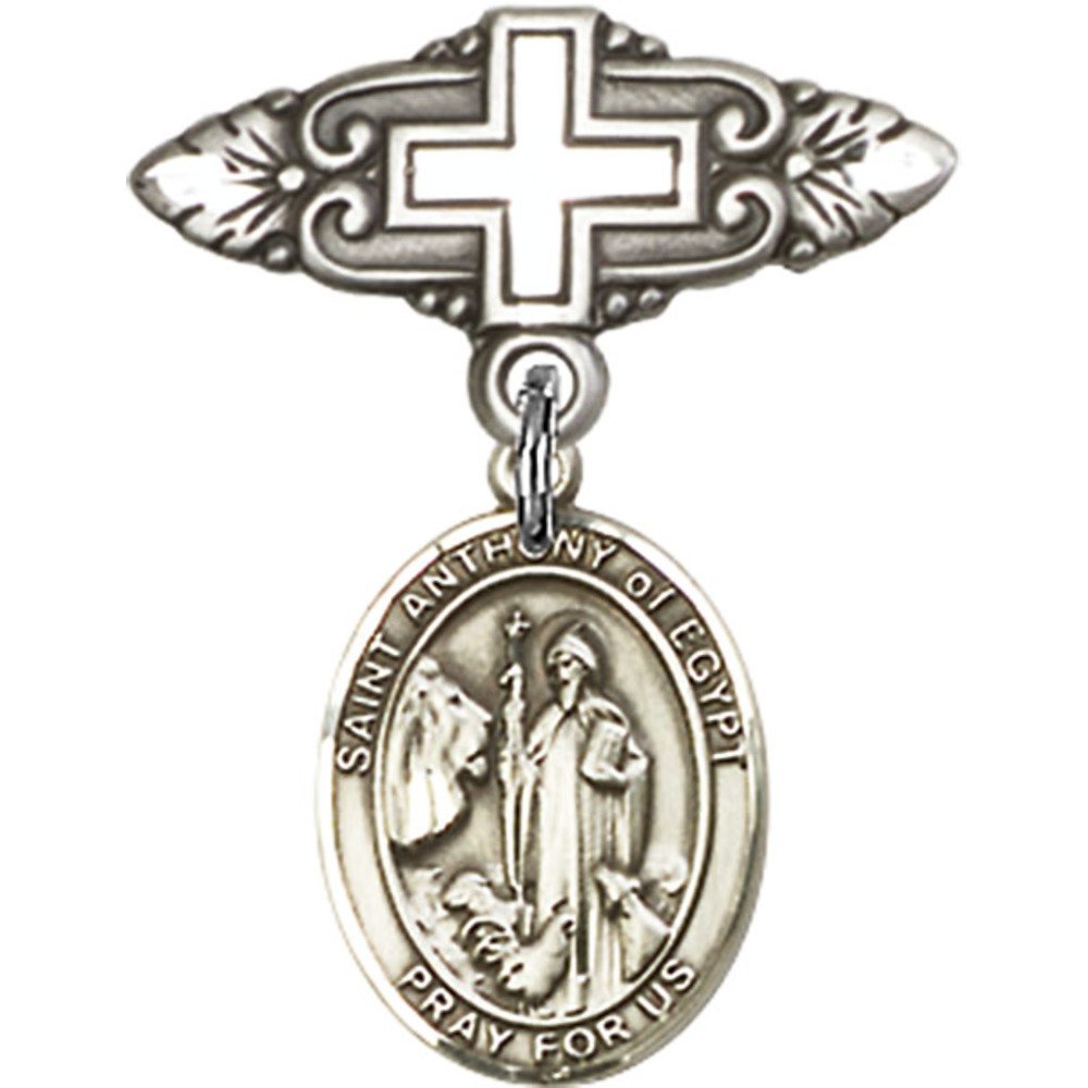 St. Anthony of Egypt Sterling Silver Baby Badge with Cross Charm & Pin - 1 X 3/4 Inch - Perfect for Christening Gifts, Baptism Keepsakes & Religious Jewelry Collections
