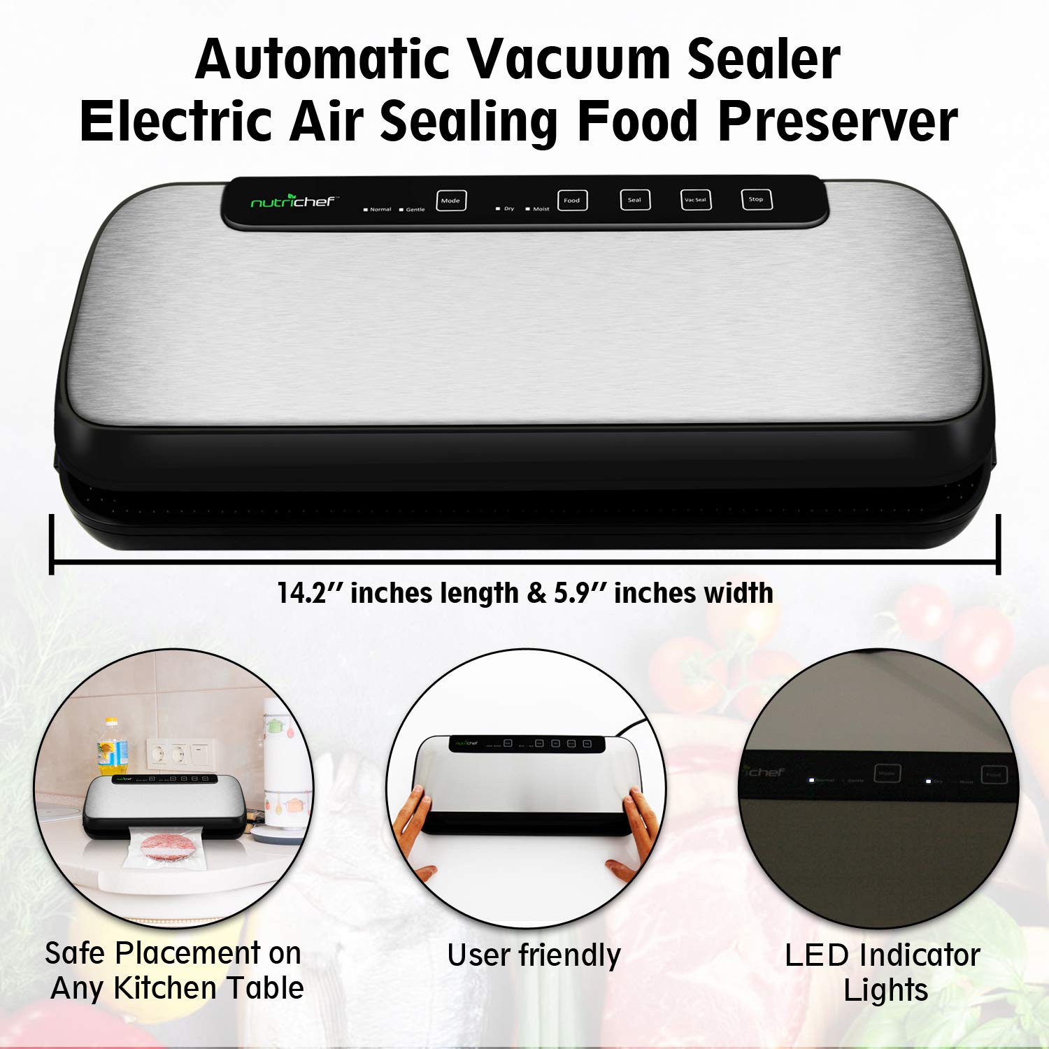 NutriChef Stainless Steel Vacuum Sealer Machine for Food Preservation - Powerful Adjustable Suction with Dry & Moist Modes, LED Display, Includes Bags & Wine Stopper - Perfect for Meal Prep, Sous Vide, Freezer Storage & Long-Term Food Saving