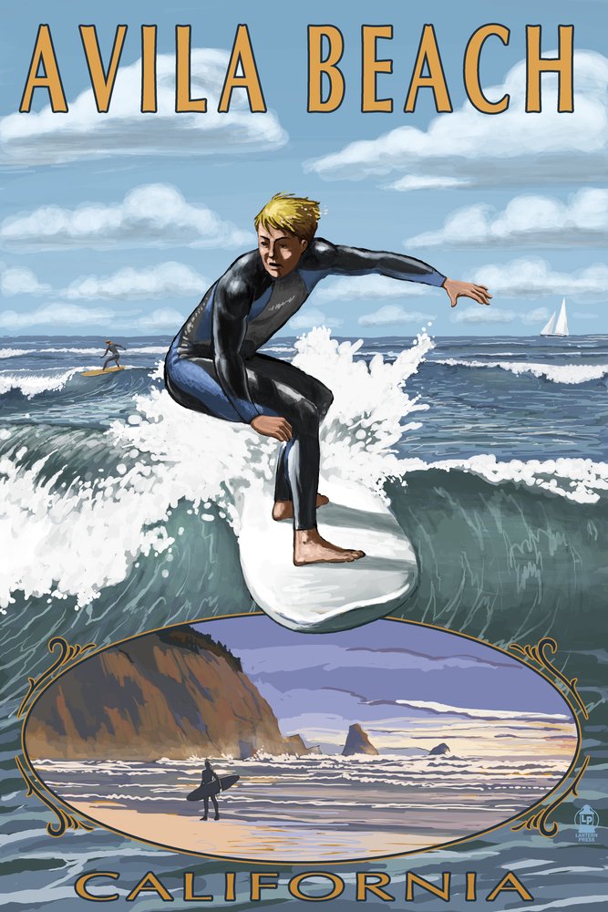 Avila Beach California Surfer Scene - 16x24 Gallery Quality Metal Wall Art, Aluminum Decor for Coastal & Beach House Decor