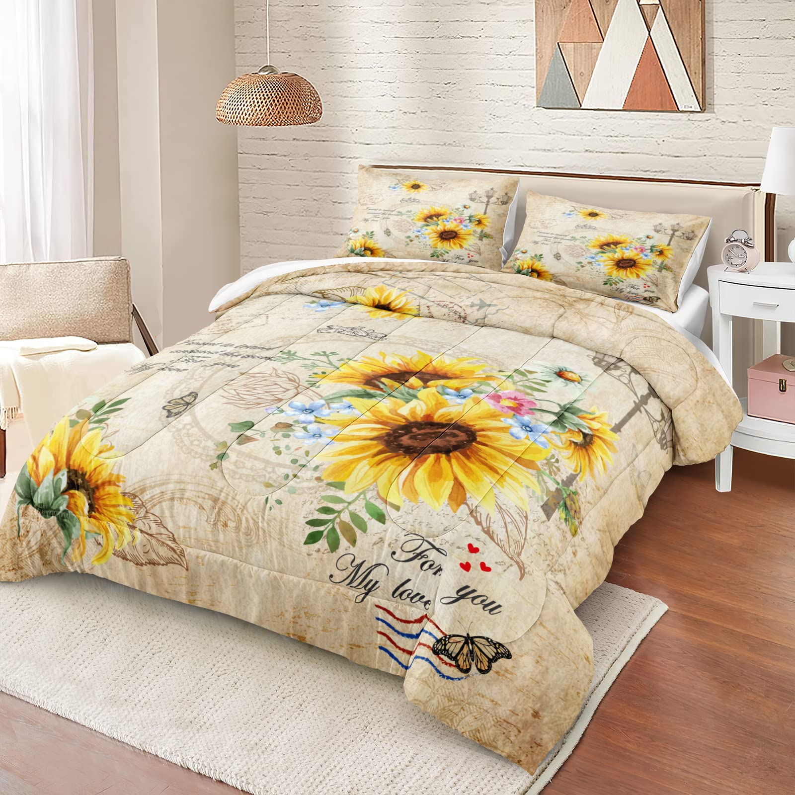Vintage Sunflower Comforter Set Queen Size - 4 Piece Yellow Floral Bedding with Soft Microfiber Filling, Pastoral Design for Cozy Bedroom Decor | Perfect for Farmhouse, Boho & Country Style Homes