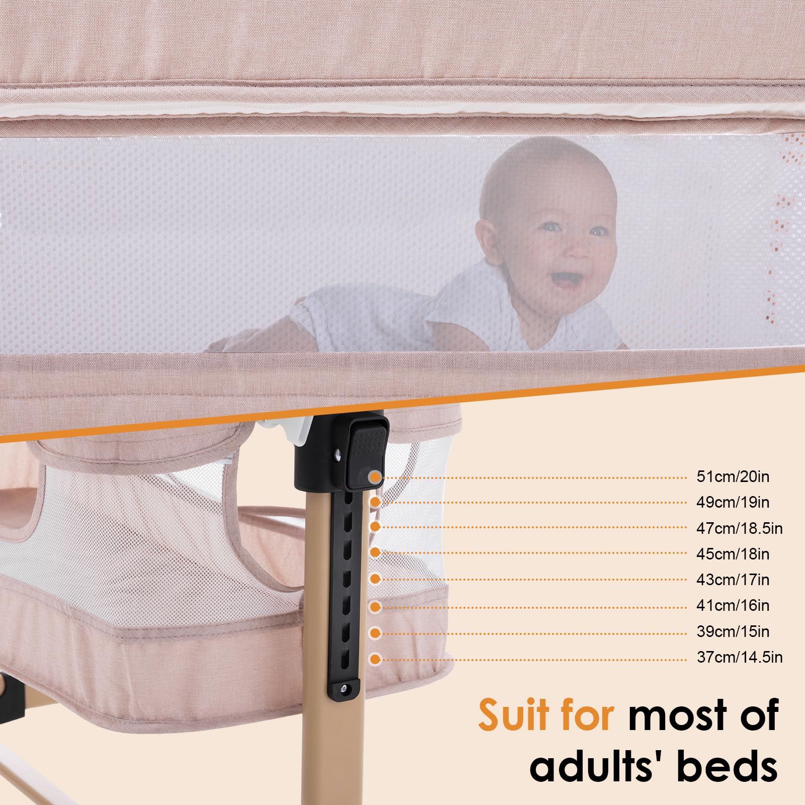 3 in 1 Adjustable Portable Baby Crib & Bassinet - Convertible Bedside Sleeper for Newborns & Infants, Light Beige | Perfect for Nursery, Bedroom & Travel Use