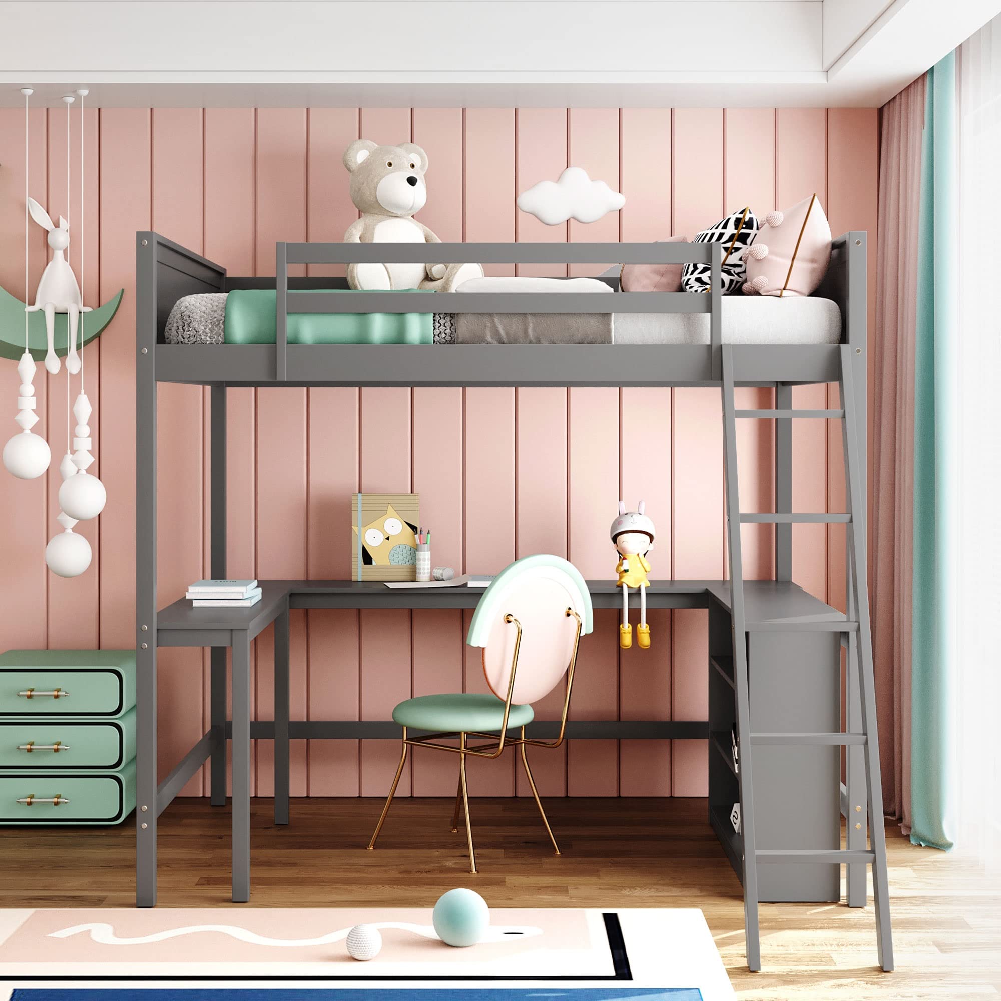 Full Size Loft Bed with Desk & Shelves - Space-Saving Wooden Bed for Kids Teens Adults - Perfect for Small Rooms & Dorms (Gray)