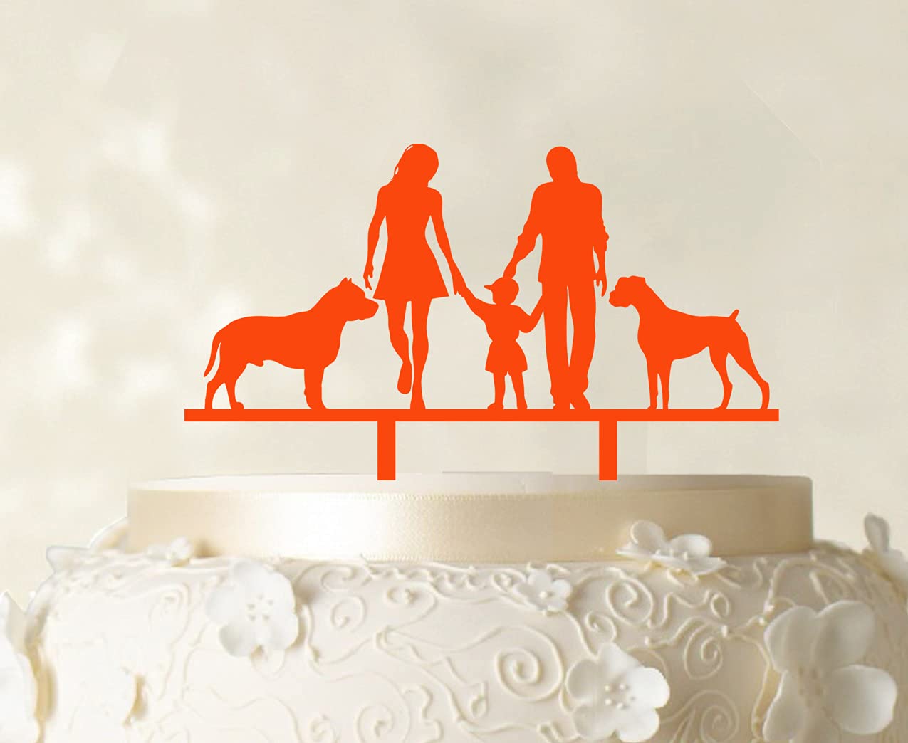Custom Wedding Cake Topper with Family Silhouette - Bride, Groom, Child & Pets - 6