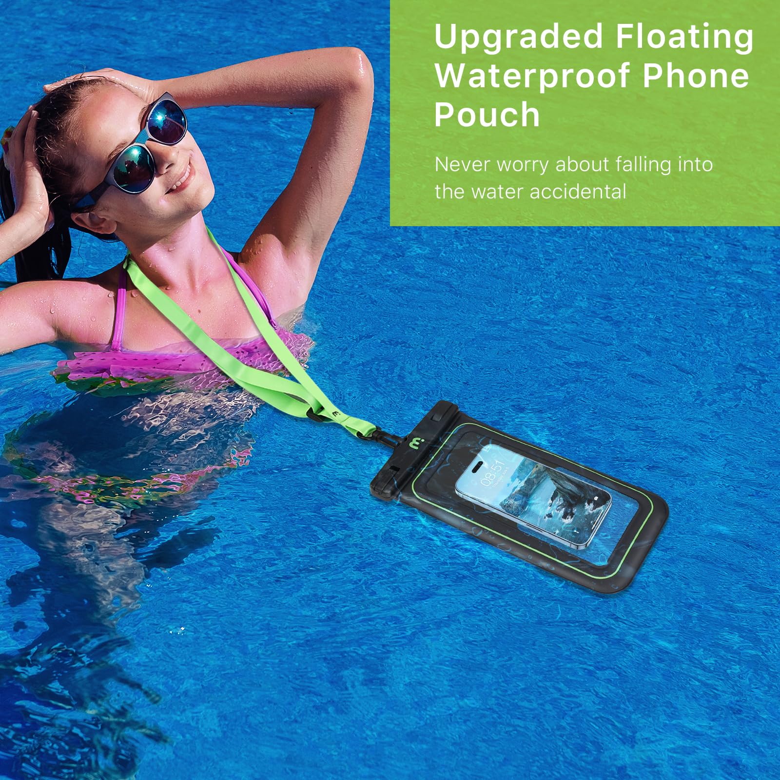 MYBAT PRO 2 Pack IPX8 Waterproof Phone Pouch (XL Size) - Floating Dry Bag with Detachable Lanyard for iPhone 16 Pro Max/15/14, Samsung S24 Ultra/S23, Google Pixel - Black & Green - Perfect for Swimming, Beach, Kayaking and Water Sports