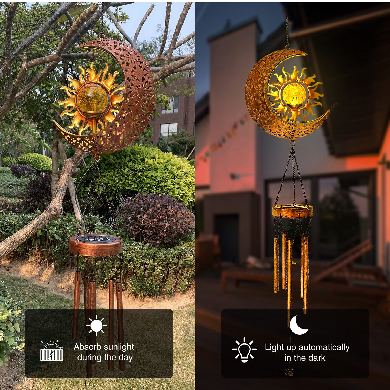 Solar Powered Wind Chimes with LED Lights - Waterproof Outdoor Hanging Decor for Garden, Patio, Yard - Cracked Glass Ball Moon & Sun Design - Perfect Gift for Women, Birthday, Housewarming - Creates Relaxing Ambience for Evening Gatherings & Meditation Spaces