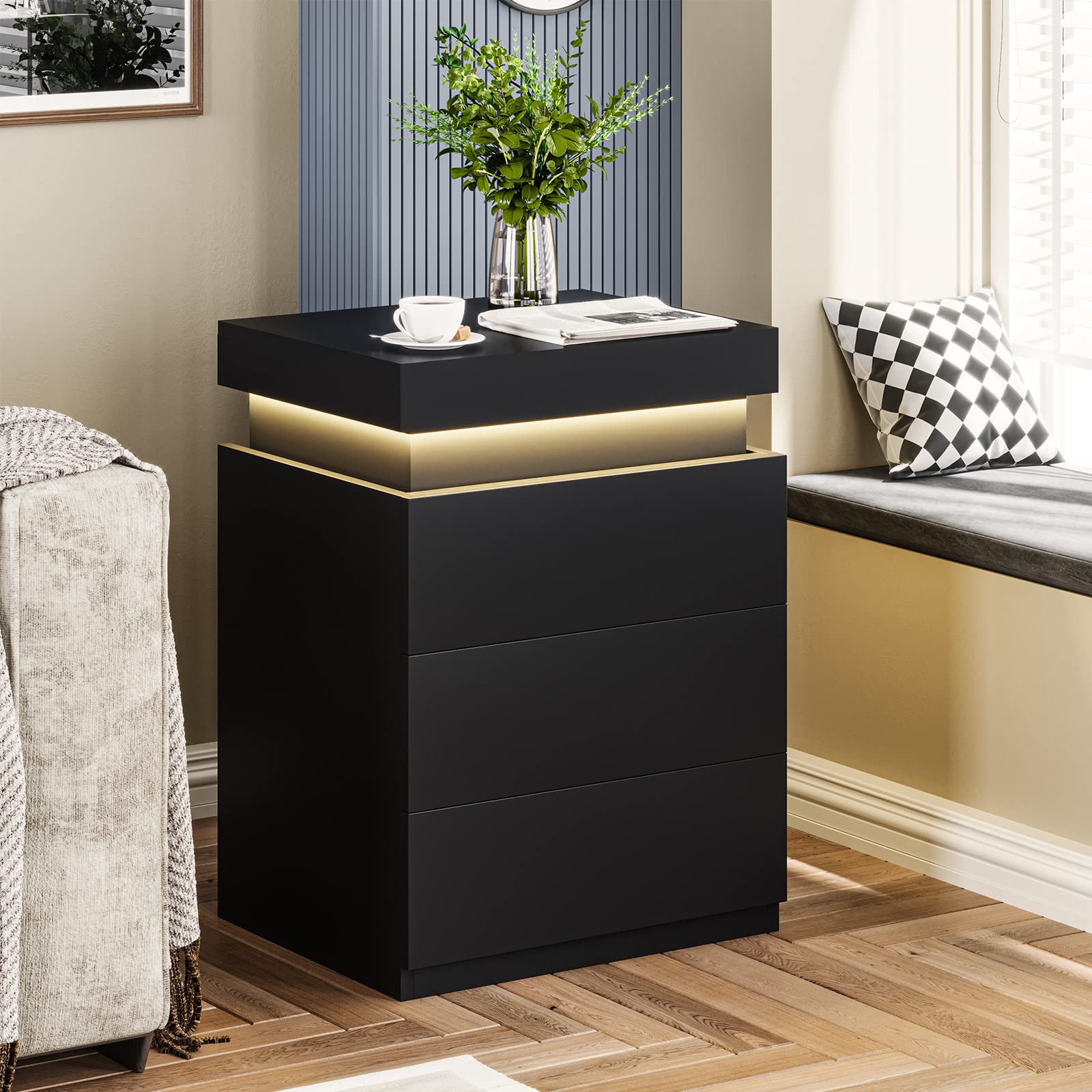 ADORNEVE Modern Nightstand with USB Charging Station, LED Lights & Sliding Top - Bedside Table with Drawers for Bedroom, Black - Perfect for Phone Charging & Bedroom Organization