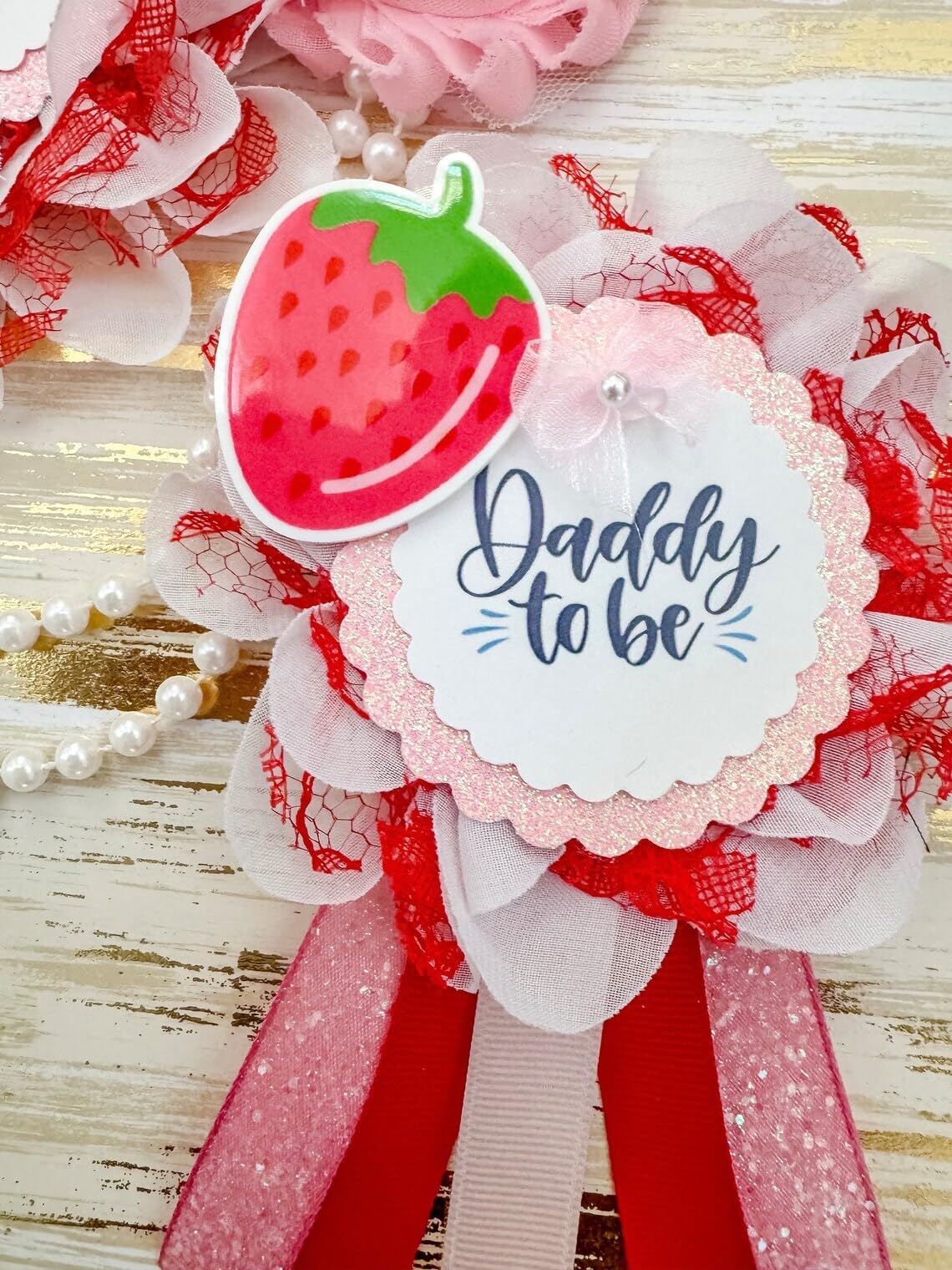 Pink and Red Strawberry Baby Shower Sash for Mom to Be - Matching Dad Pin Included | Perfect for Gender Reveal Parties, Maternity Photos & Baby Showers