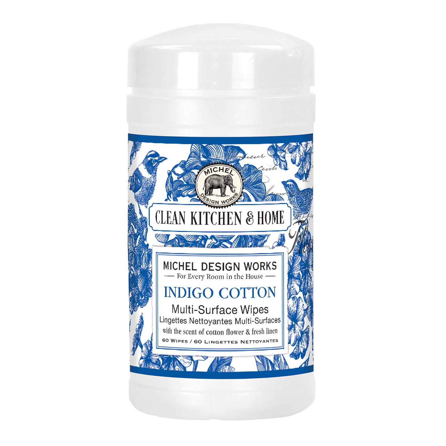 Michel Design Works Multi-Surface Cleaning Wipes - Indigo Cotton Pattern | All-Purpose Disinfectant Wipes for Kitchen, Bathroom & Home Surfaces | Safe for Countertops, Appliances & More