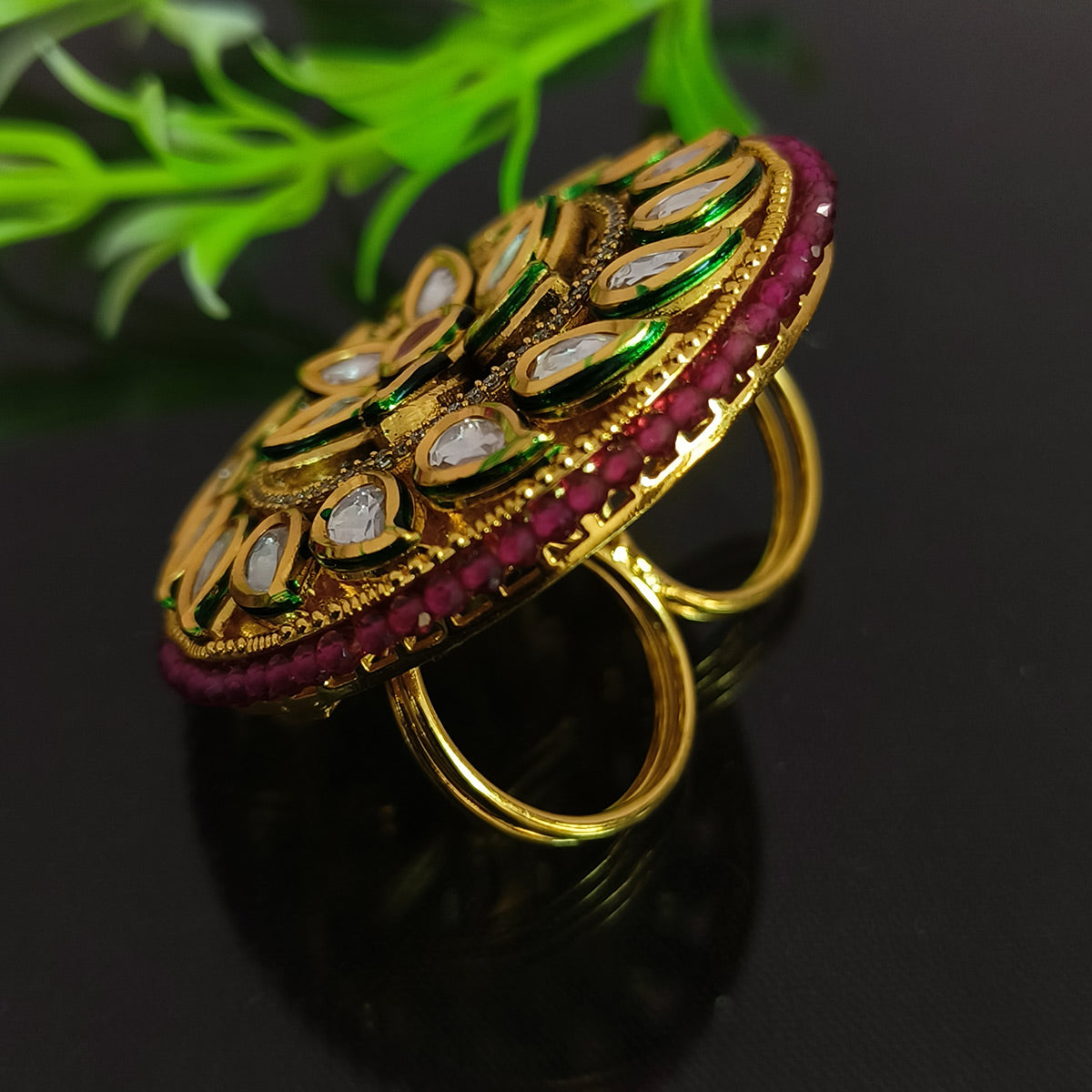 Designer Gold Plated Royal Kundan Beaded Ring (Design 145) - Elegant Indian Jewelry for Weddings, Parties & Special Occasions
