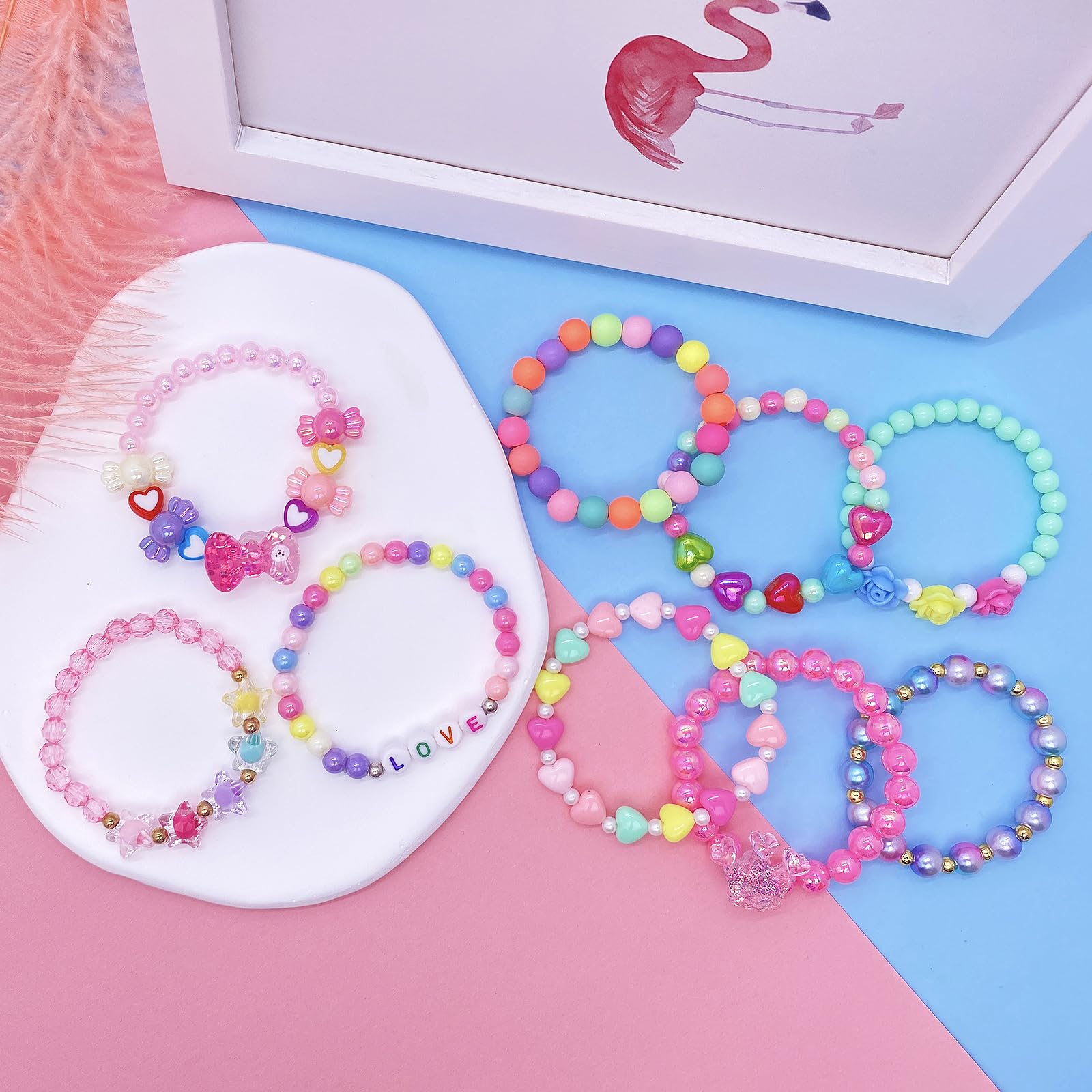 9 PCS Cute Kids Bracelets for Girls - Pink LOVE Beaded Bracelets, Toddler Jewelry Set for Birthday, Easter, Christmas & Valentines | Princess Party Favors, Pretend Play & Dress Up Accessories | Perfect for Gifts, Photo Props & Special Occasions