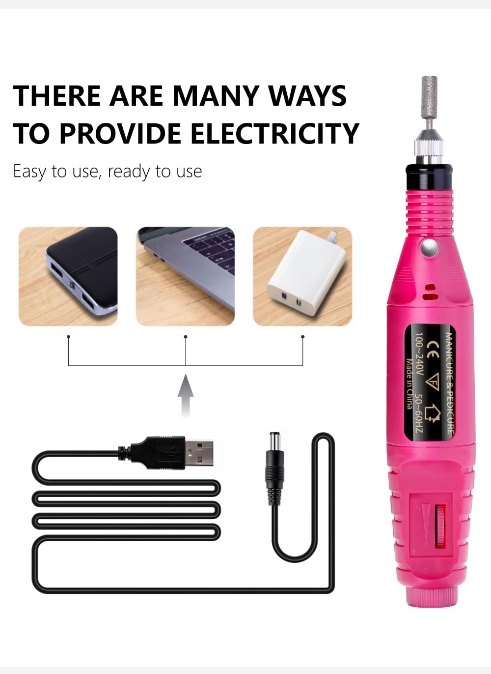 Professional USB Electric Nail Drill Machine Kit - Portable Manicure Pedicure Tool with 6Pcs Nail Drill Bits for Gel Nails, Acrylics & Nail Art (Rose) | Perfect for Home Salon, Nail Techs & DIY Beauty Care