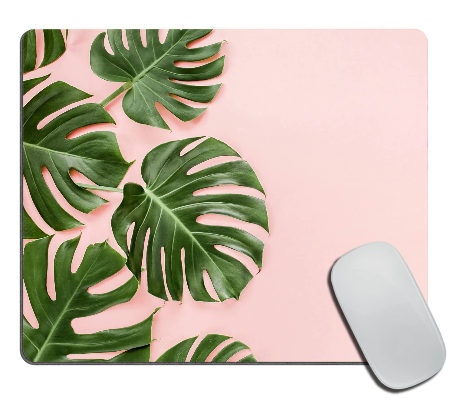 Tropical Monstera Leaf Mouse Pad - Non-Slip Rubber Gaming Mousepad with Palm Tree Design on Pink Background, 9.5