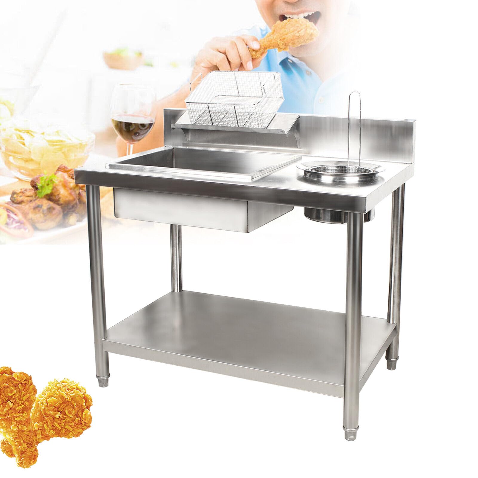 Commercial Stainless Steel Breading Table for Fried Food Preparation - Heavy Duty Restaurant Kitchen Station with Containers & Baskets - Perfect for Chicken, Fish, and Seafood Breading in Restaurants, Food Trucks, and Catering Businesses