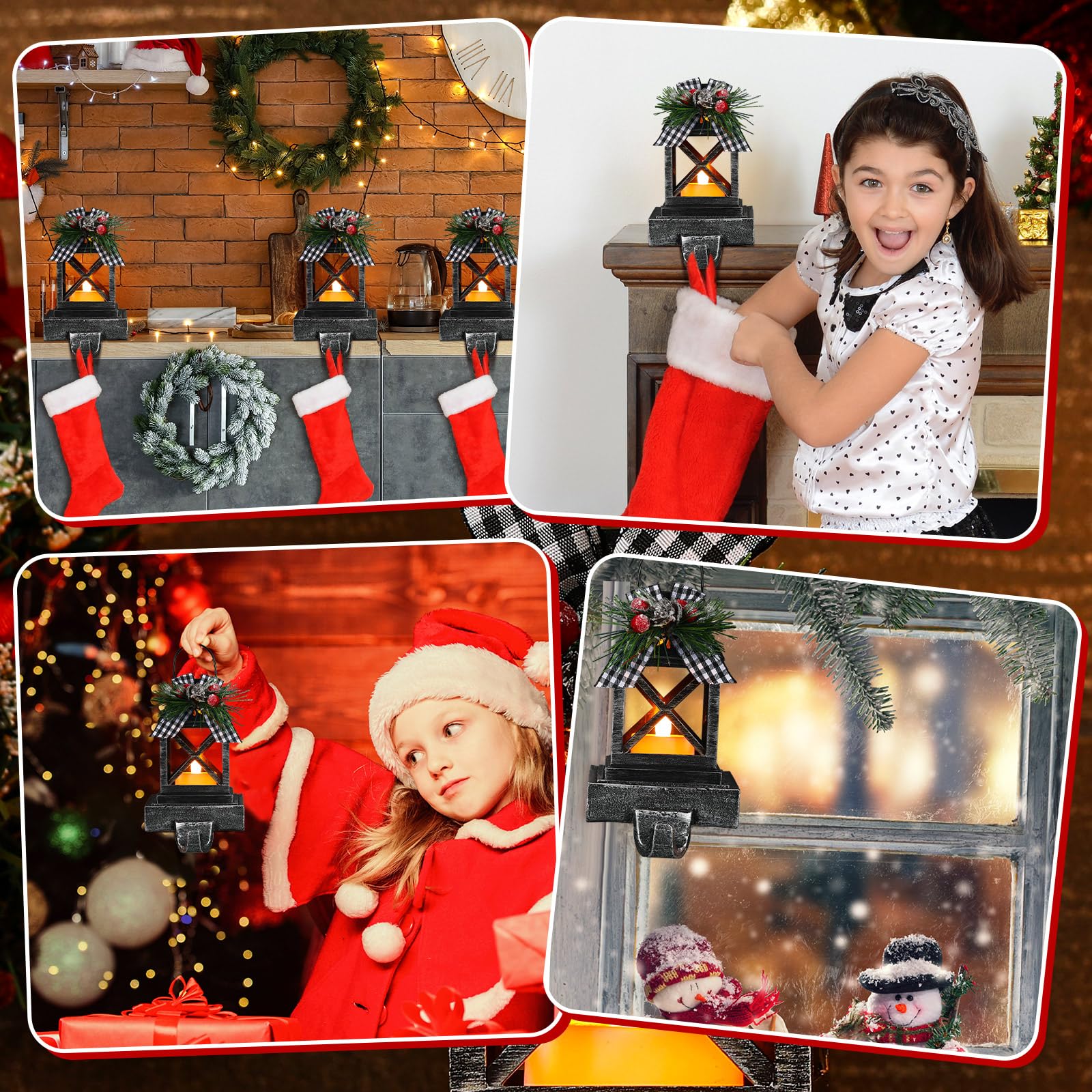 Therwen 2-Pack Christmas Stocking Holders - Classic Black Retro Lantern Hangers with Lights for Fireplace Mantel - Indoor/Outdoor Holiday Decor for Home, Party & Gift Giving