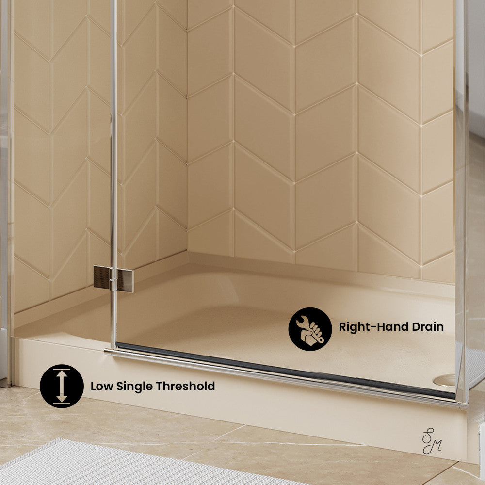 Voltaire 48 x 36 Inch Single Threshold Right-Hand Drain Shower Base in Biscuit Color - Perfect for Bathroom Remodeling & Modern Home Upgrades