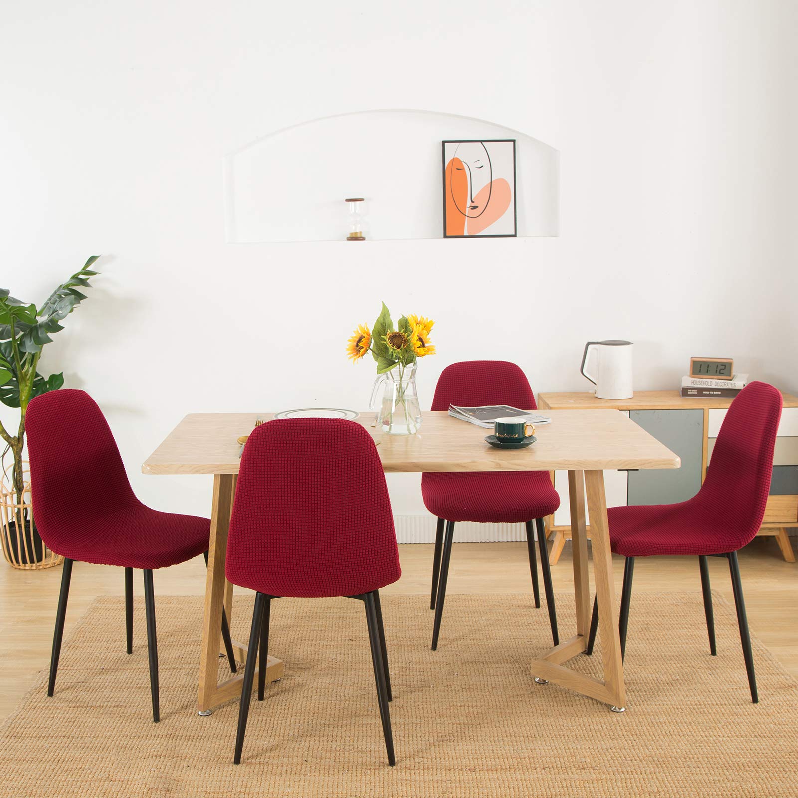 Mid Century Modern Jacquard Shell Chair Covers - Stretchable Slipcovers for Dining Chairs, Lounge & Armless Chairs (Set of 4, Wine Red) | Waterproof & Durable Plastic Chair Protectors for Dining Room, Kitchen & Living Room Decor