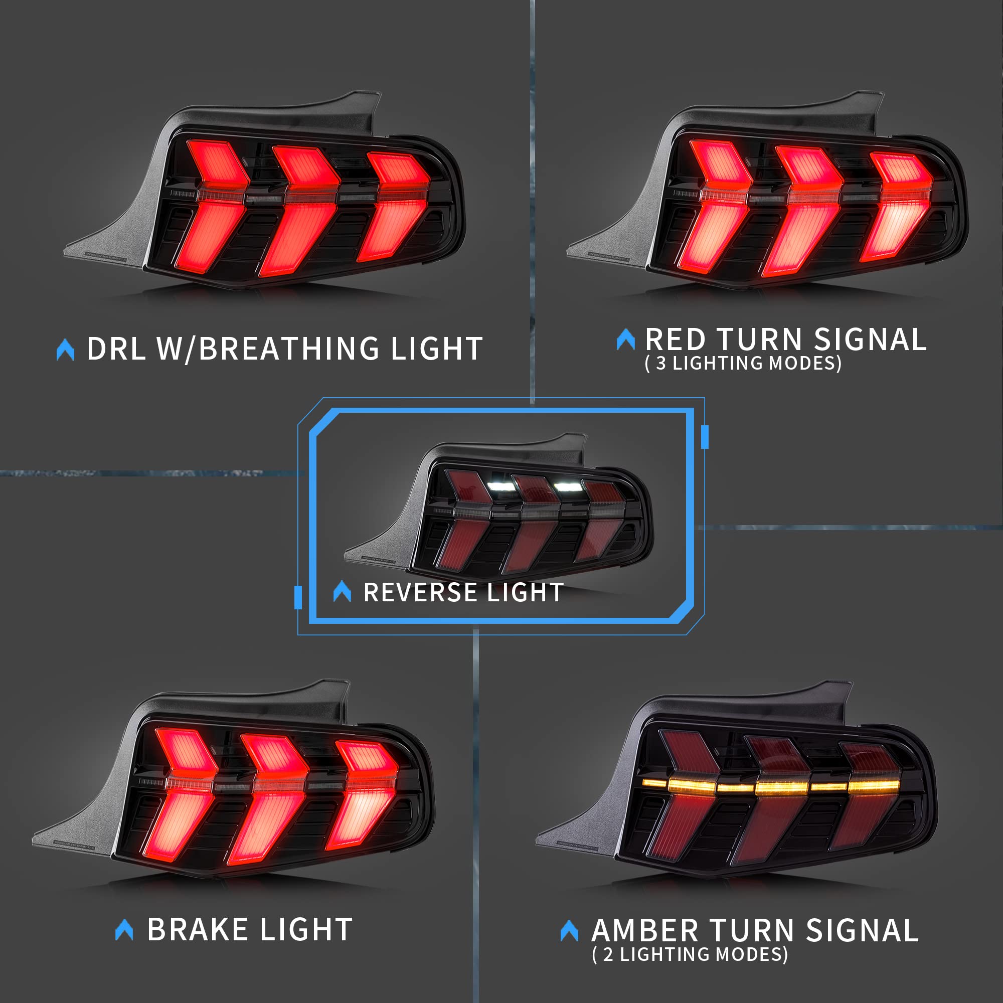 VLAND LED Tail Lights for Ford Mustang 2010-2012 - Sequential Amber/Red Turn Signals, Red Brake Light, 7 Lighting Modes, Smoke Lens (Driver & Passenger Side) | Upgrade Your Mustang's Style & Safety for Night Driving & Car Shows