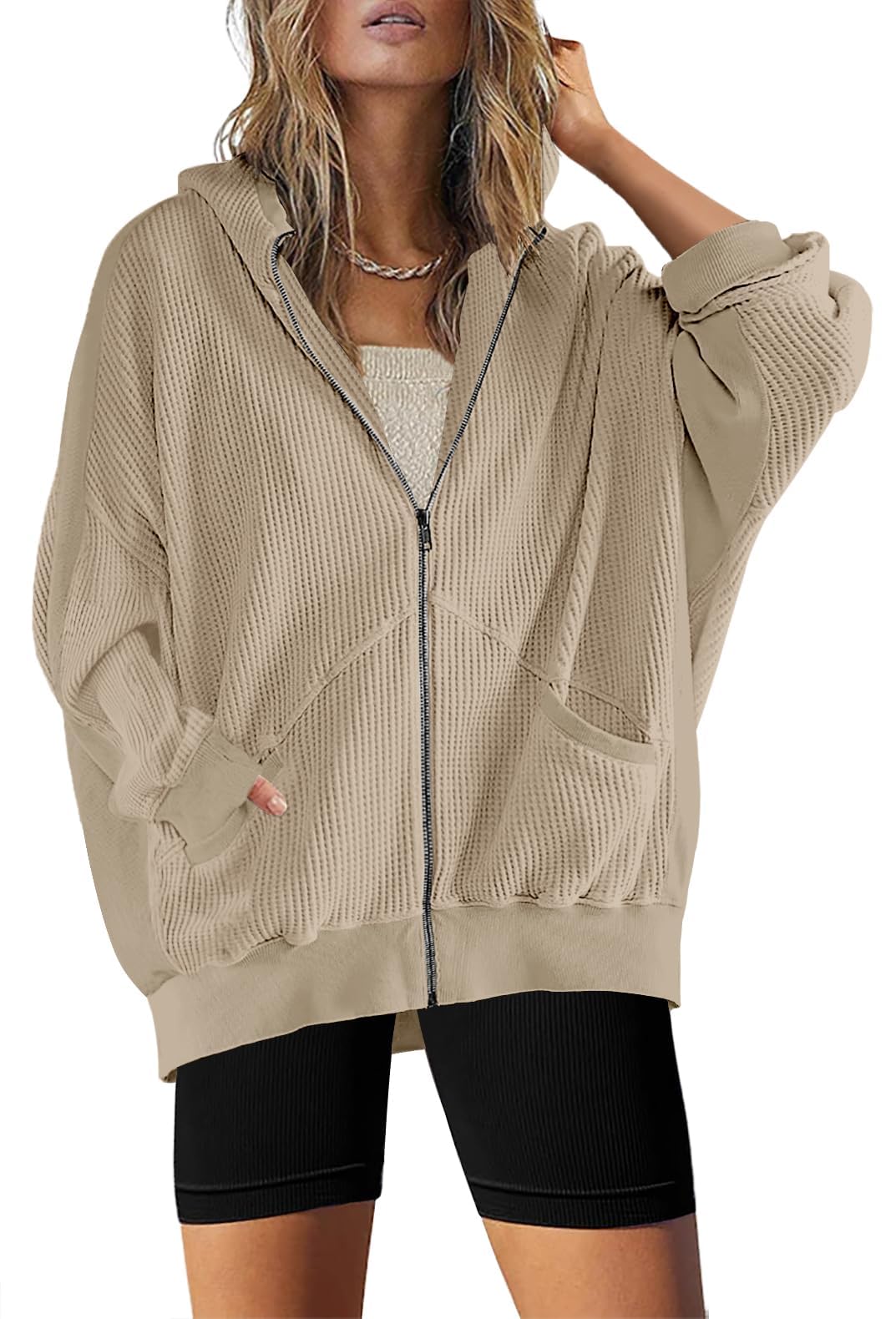 Women's Oversized Waffle Knit Zip Up Hoodie Jacket - Long Sleeve Shacket Blouse with Pockets | Casual Loungewear & Streetwear Fashion