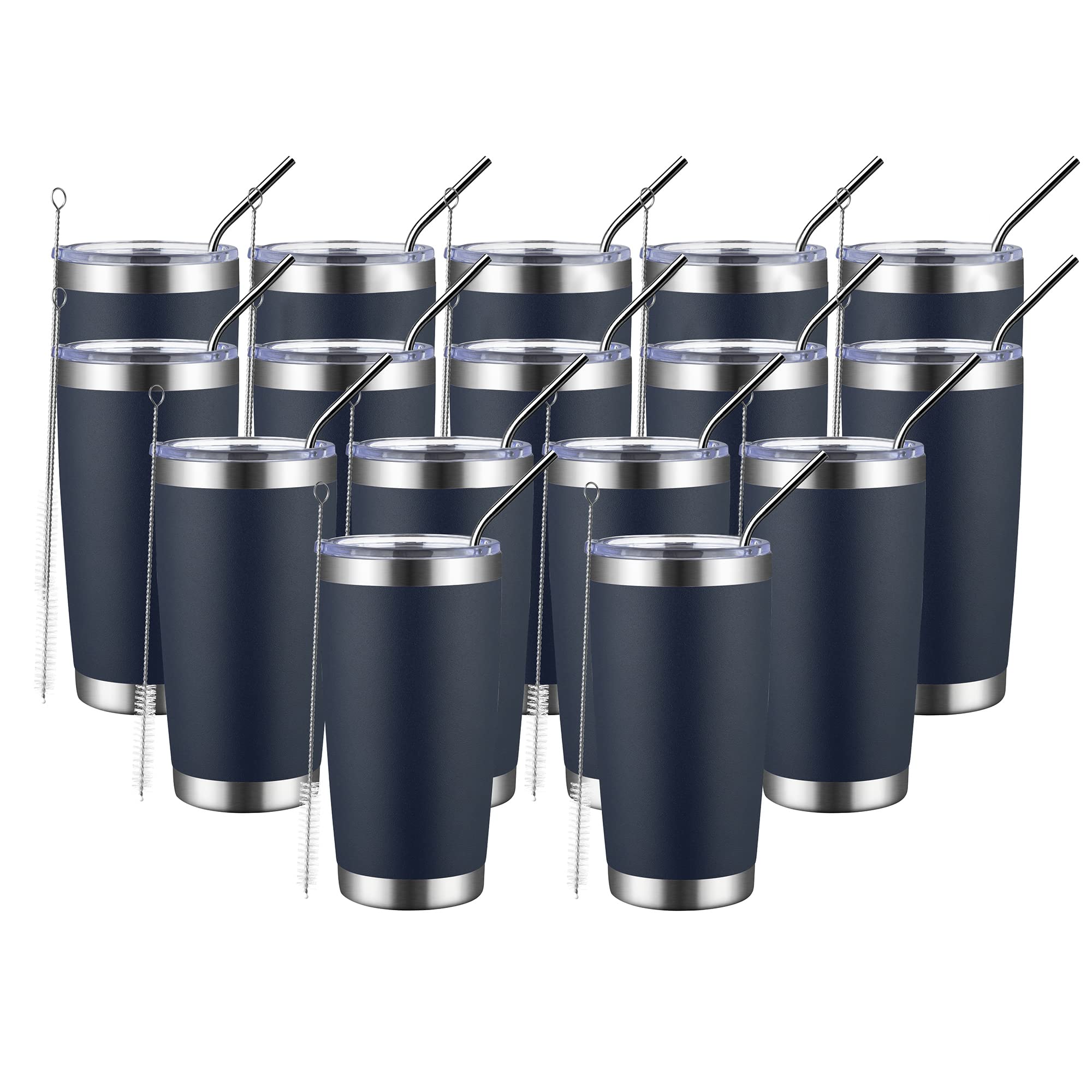 MUCHENGHY 20oz Stainless Steel Tumbler with Lid & Straw - 16 Pack Navy Double Wall Vacuum Insulated Travel Mug - Keeps Drinks Hot/Cold for Hours - Perfect for Coffee, Tea, Smoothies & Outdoor Activities