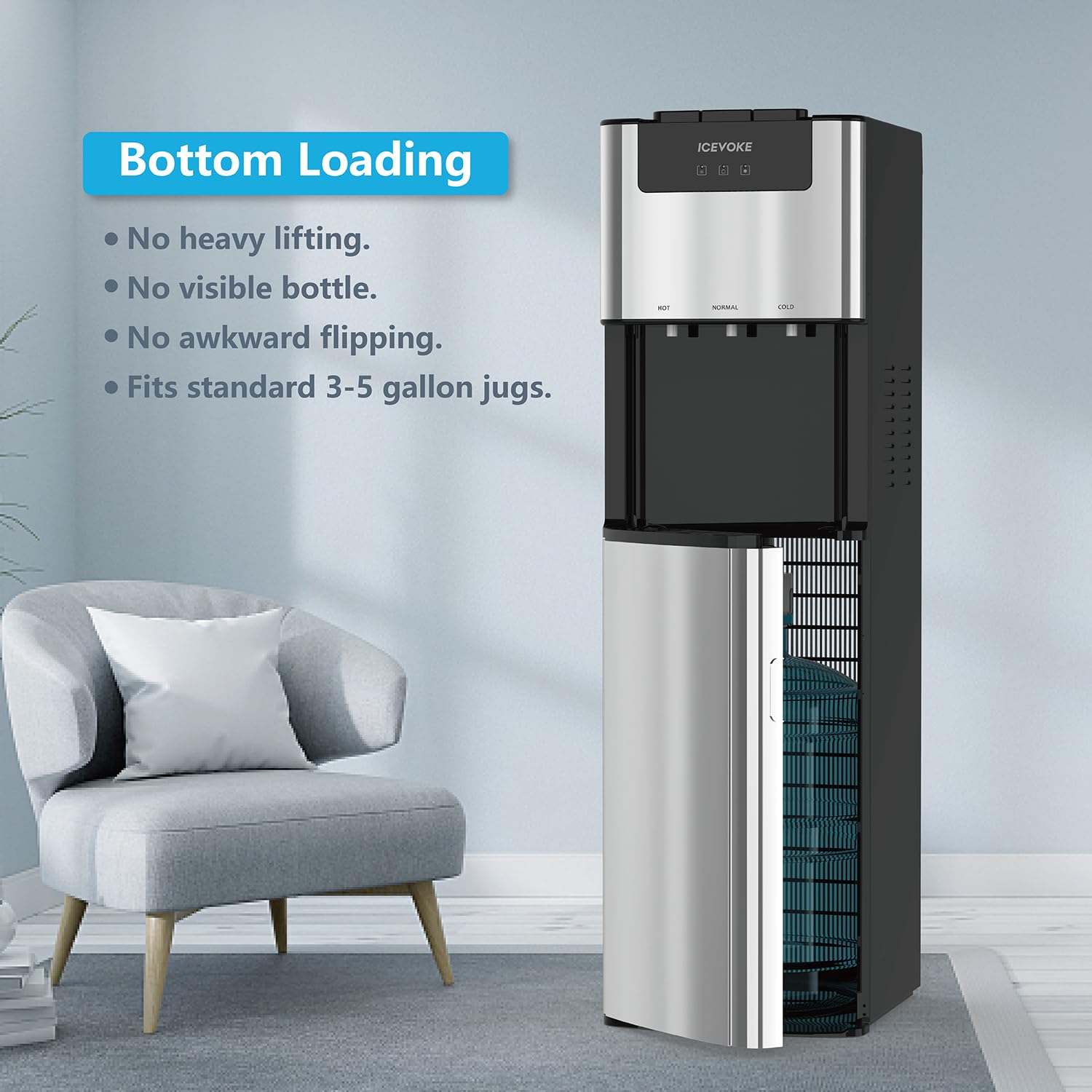 ICEVOKE Bottom Loading Water Cooler Dispenser for 3/5 Gallon Bottles - Hot, Room & Cold Water with Child Safety Lock, UV Self-Cleaning, LED Display, Stainless Steel - Perfect for Home, Office, and Gym Hydration