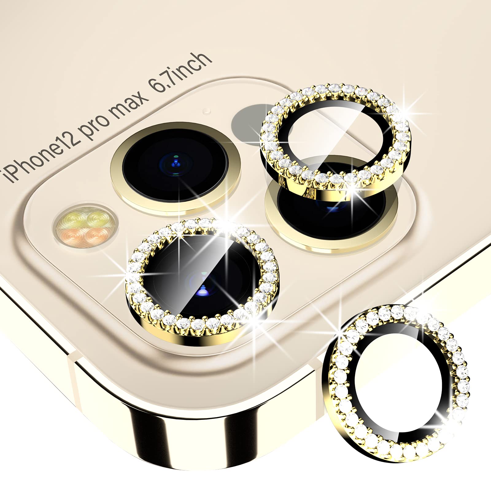 Xfilm Diamond Camera Lens Protector for iPhone 12 Pro Max - HD Clear Tempered Glass Screen Protector + Alloy Full Fit Lens Ring Cover - Case Friendly, Scratch Resistant (Gold) - Perfect for Outdoor Photography & Travel Protection