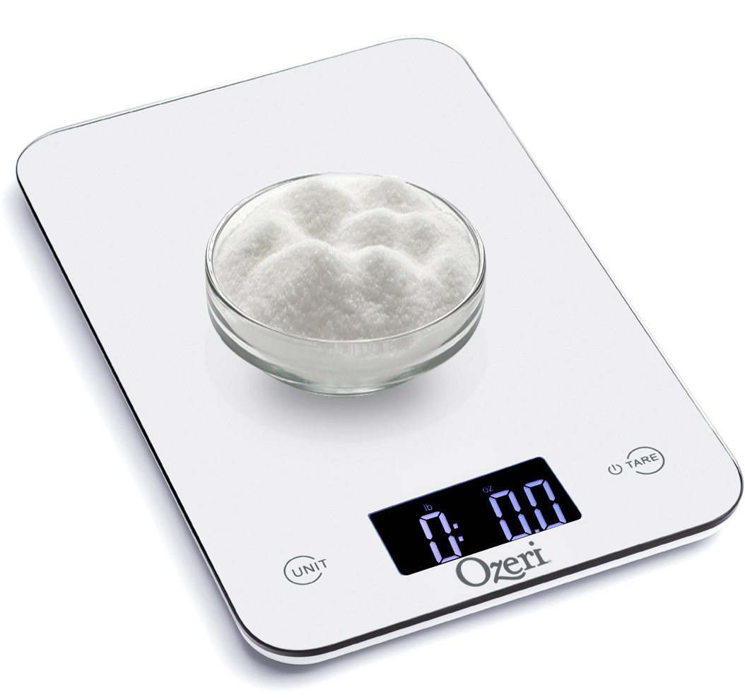 Ozeri Touch Professional Tempered Glass Digital Kitchen Scale - 11 lbs Capacity, 0.1 oz Precision, LCD Display - Perfect for Baking, Cooking, Meal Prep & Portion Control (White)
