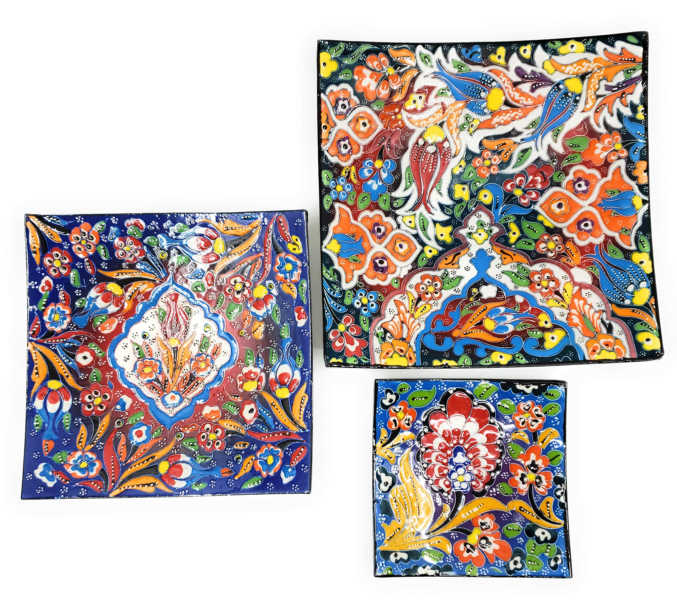 Handmade Turkish Traditional Ceramic Square Plate Set of 3 - Multi-Color Mix Decorative Dinner Plates for Home, Restaurant & Gift Giving