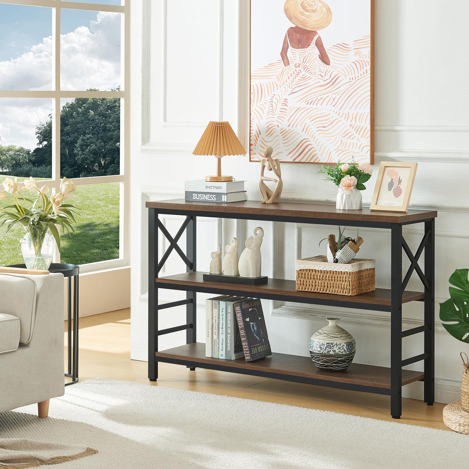 Industrial Rustic Sofa Table with Storage - 3-Tier Engineered Wood & Metal Console Table for Entryway, Living Room, Hallway - 47 Inch Brown Shelf for Home Decor & Organization
