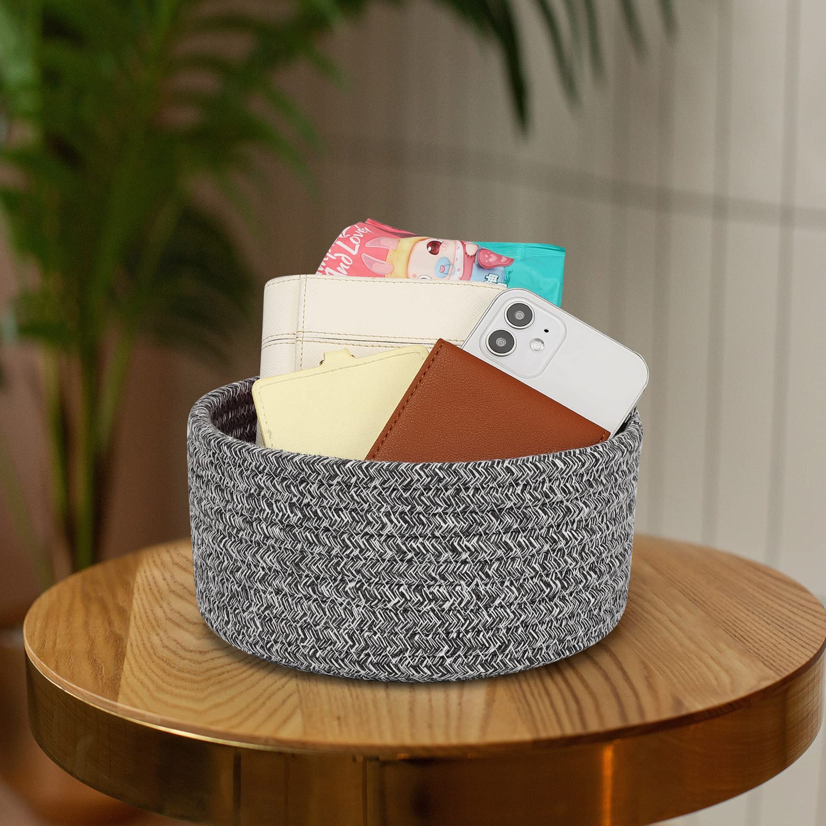 ABenkle 2 Pack Small Cotton Rope Woven Baskets - Mini Boho Storage Baskets for Nursery, Living Room, Bedroom & Shelf Decor - Empty Gift Basket in Mixed Grey - Perfect for Organizing Jewelry, Keys & Small Items