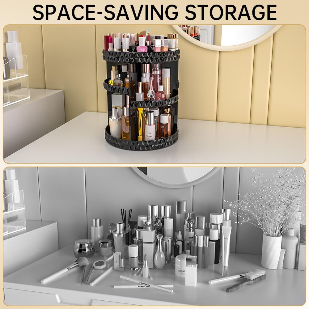 360° Rotating Makeup Organizer - Adjustable Spinning Carousel Storage Rack for Cosmetics & Skincare | Large Capacity Vanity Organizer with DIY Design | Perfect for Bathroom Countertop, Dressing Table & Travel (Black)