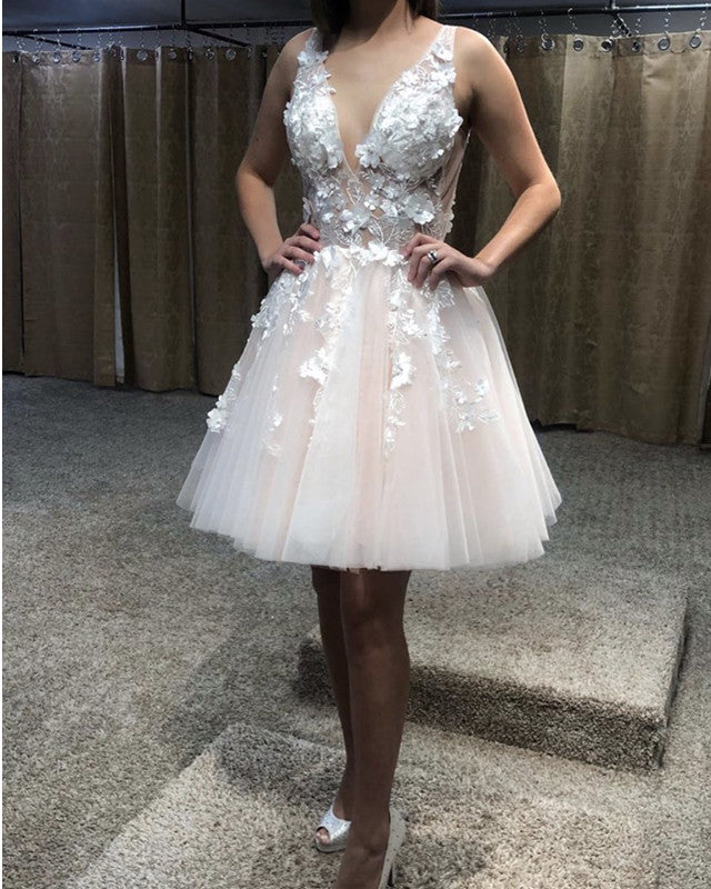 Elegant Deep V Neck Tulle Homecoming Dress with Ivory Lace Embroidery - Perfect for Prom, Evening Gala, and Special Occasions