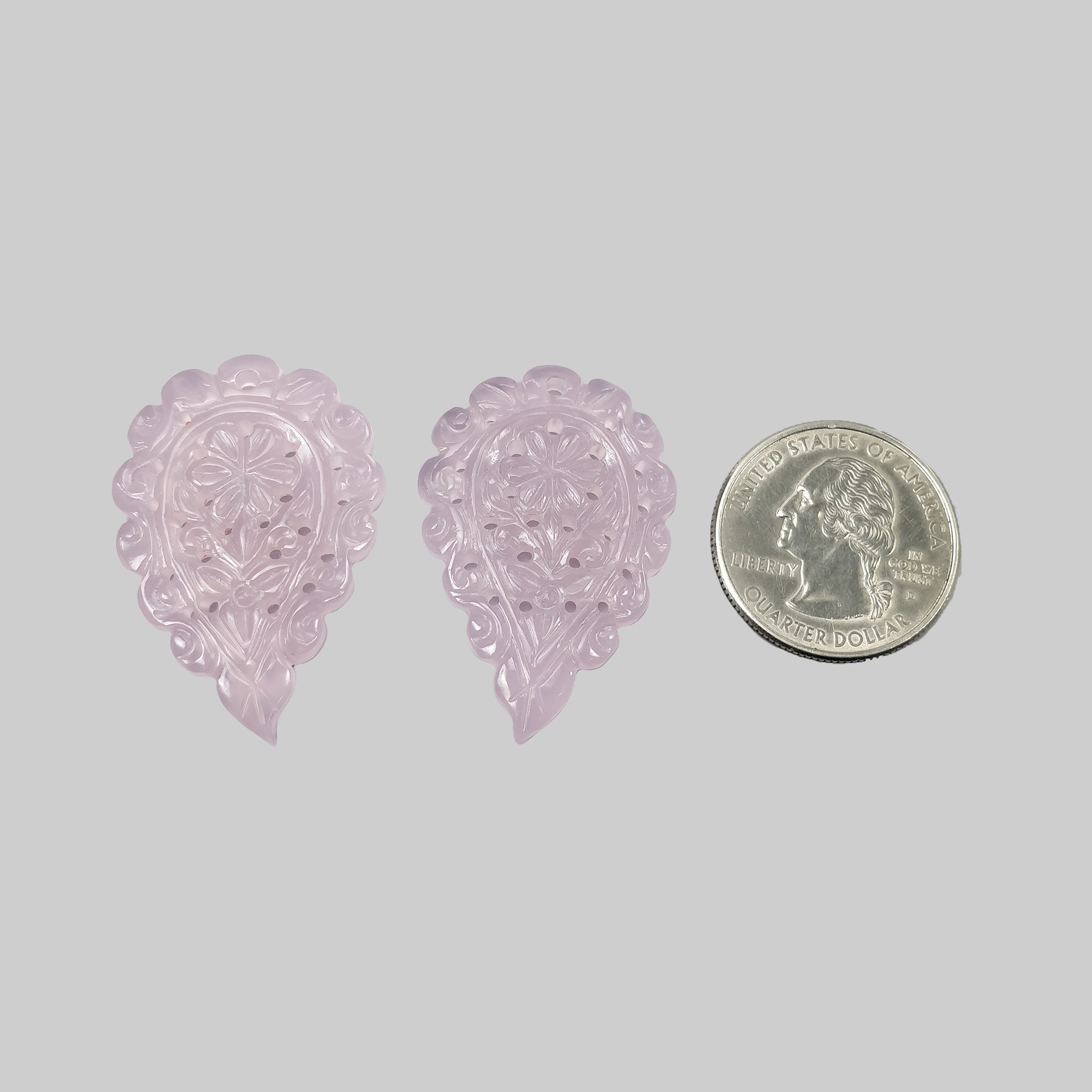 Natural Pink Chalcedony Gemstone Carving - 50.60cts Untreated Hand-Carved Indian Leaf Design (37x25mm) Pair for Jewelry Making, Meditation & Spiritual Healing | Perfect for Necklaces, Bracelets & Home Decor