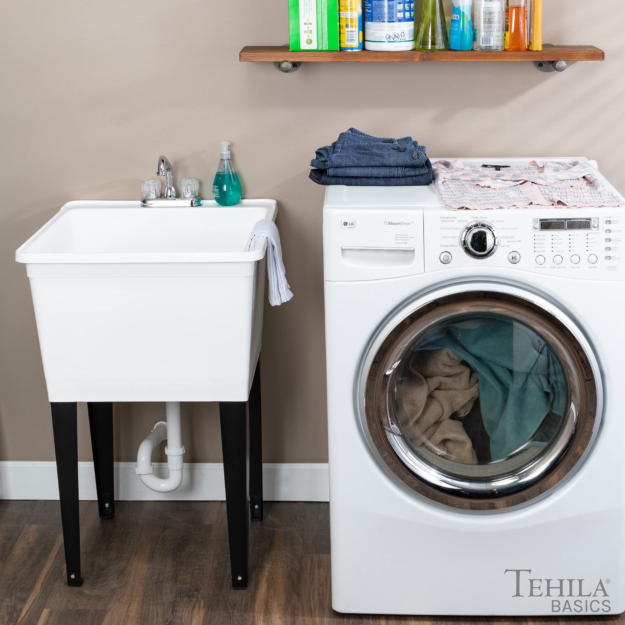 Tehila Basics 21-Gallon White Utility Sink with Chrome Faucet - Heavy Duty Plastic Laundry Tub, Adjustable Legs - Perfect for Laundry Rooms, Garages & Basements