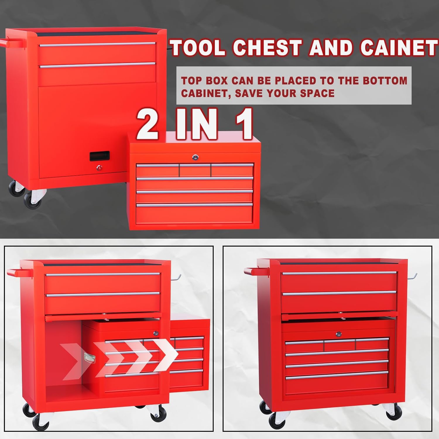 8-Drawer Rolling Tool Chest - Heavy Duty 2-in-1 Tool Box Organizer with Lockable Wheels & Sliding Drawers, Detachable Top for Garage Workshop Storage Cabinet (Red) - Perfect for Mechanics, DIY Enthusiasts & Professional Tool Organization
