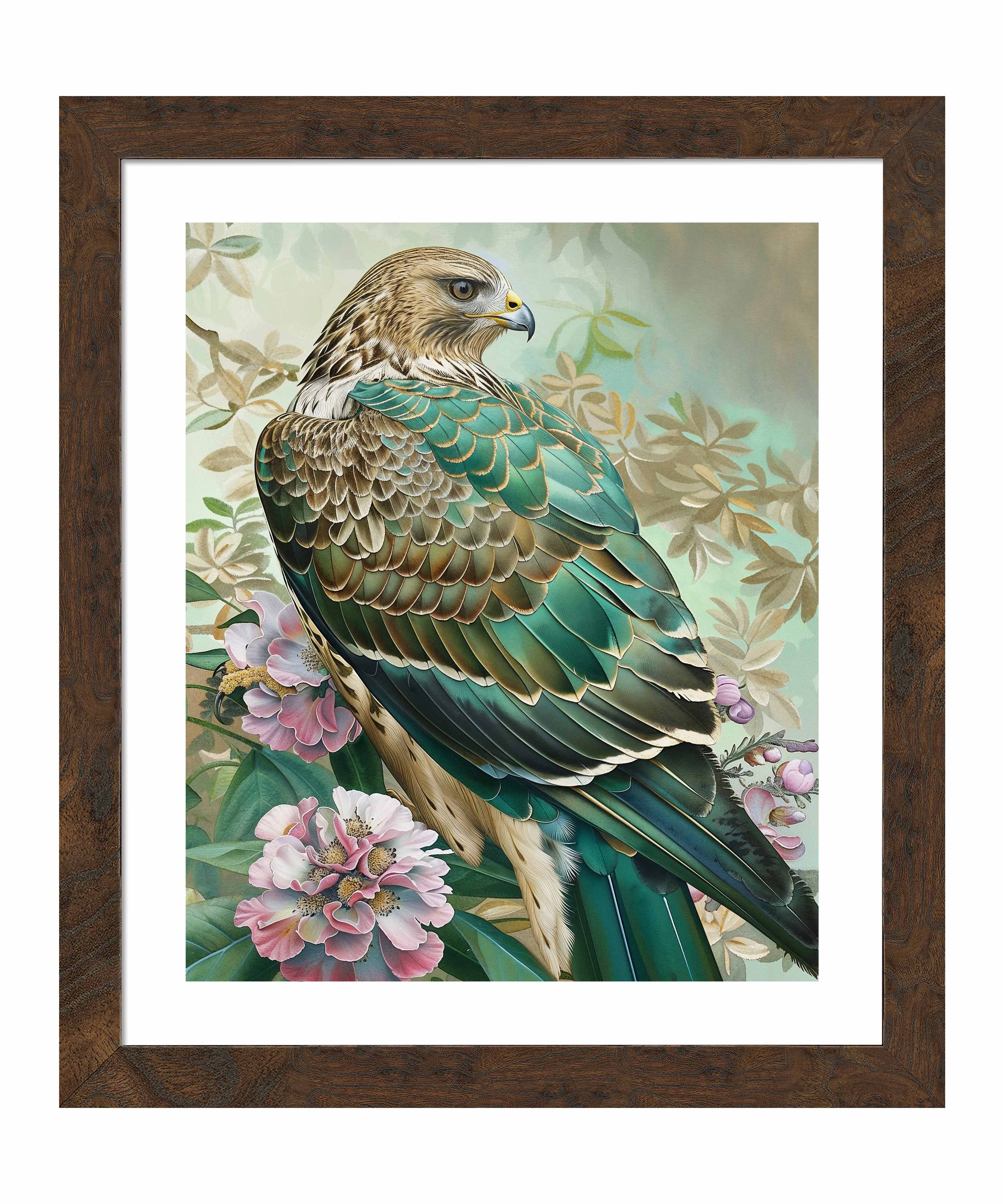 Emerald Majesty Hawk Amidst Blossoms Wall Art Print - Stunning Nature Wildlife Decor for Living Room, Bedroom & Office
