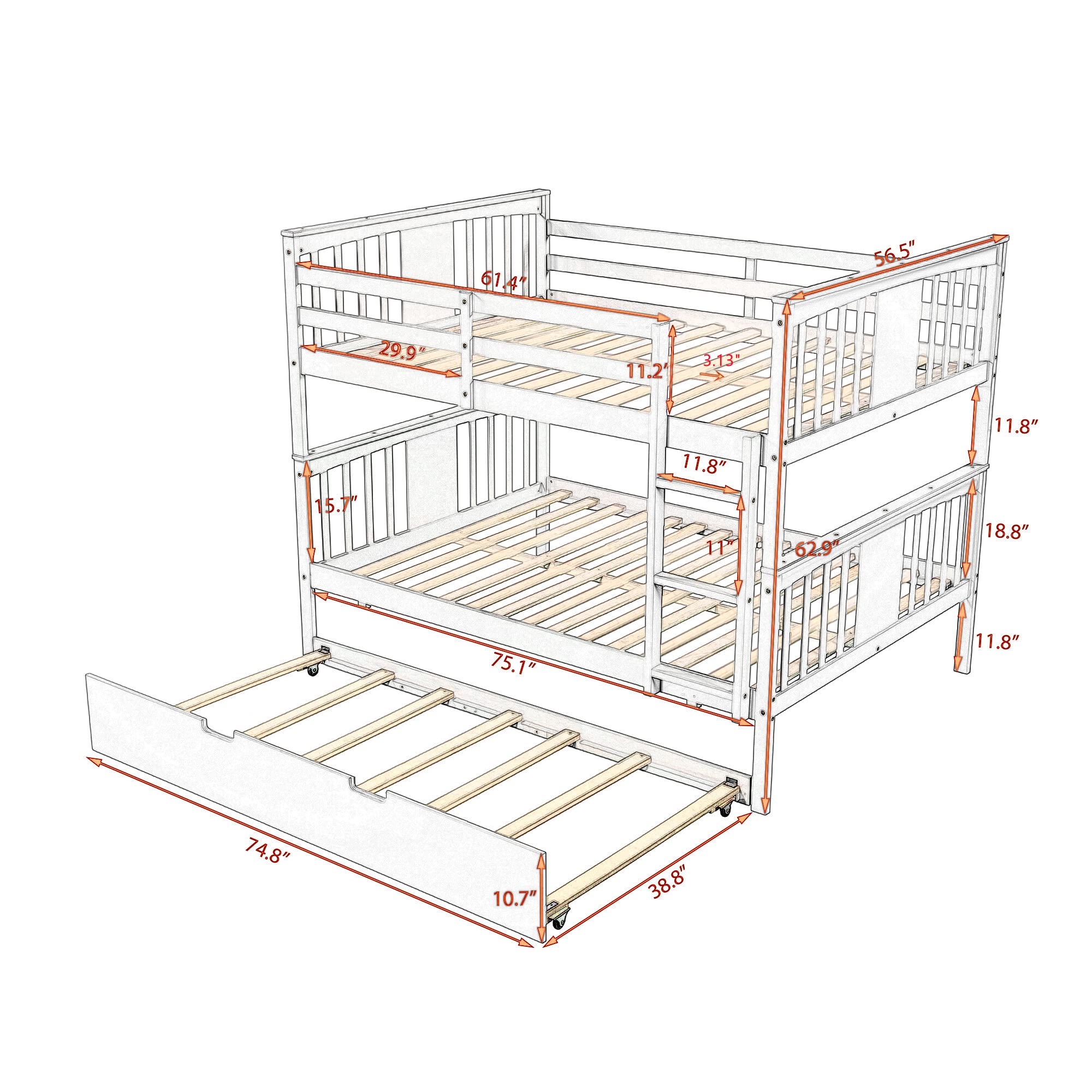 Harper & Bright Designs Solid Wood Full Over Full Bunk Bed with Trundle & Ladders - Grey Bedroom Furniture for Kids, Teens & Guest Rooms - Space Saving Solution for Shared Bedrooms & Sleepovers