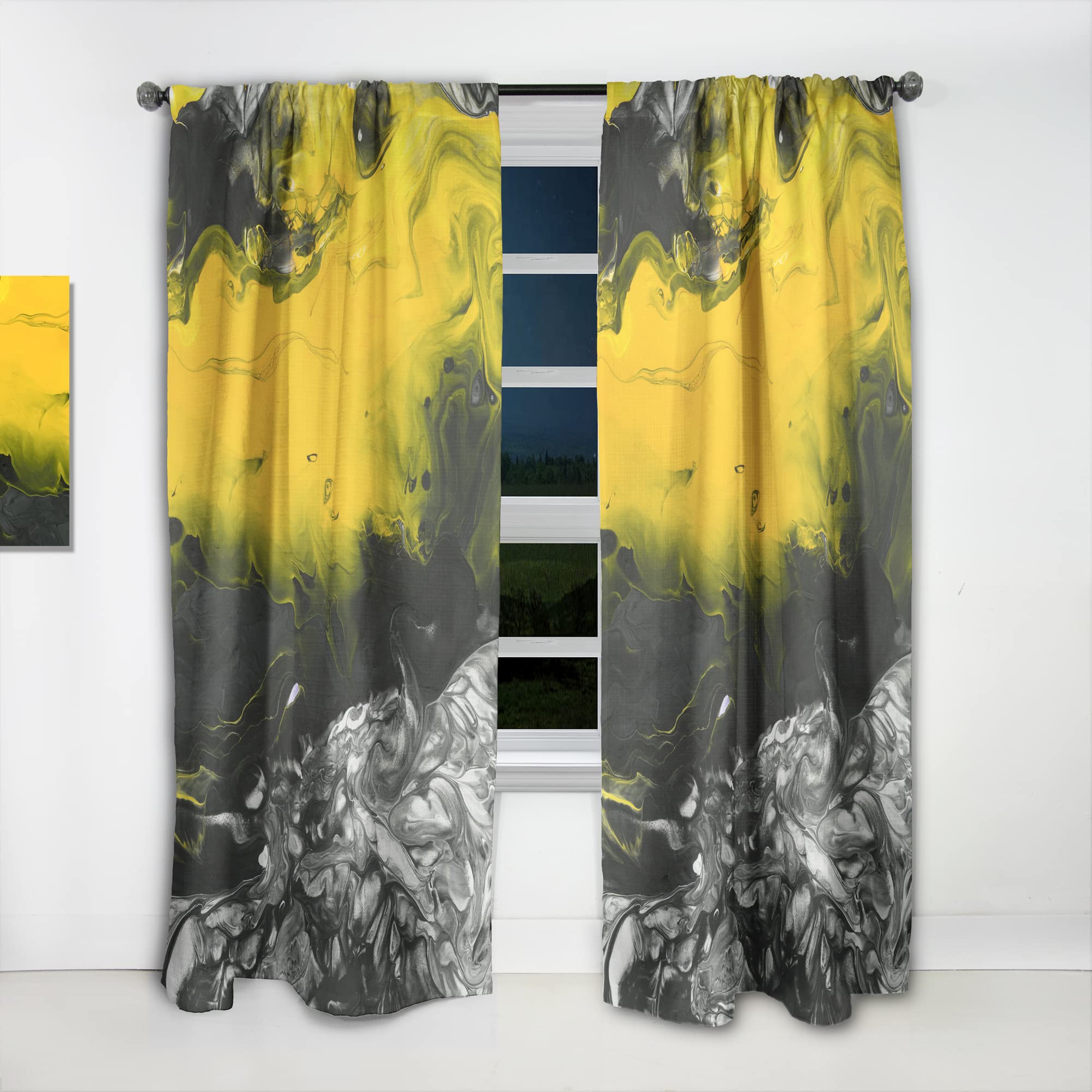 White, Black & Yellow Marbled Acrylic Painting Thermal Insulated Curtains - Single Panel 52x63 - Elegant Window Drapes for Bedroom & Living Room Decor | Perfect for Home, Office & Apartment