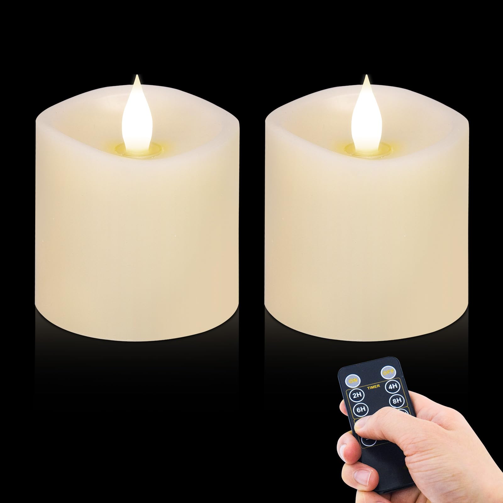 3x3 Inch Flameless LED Candles Set of 2 - Battery Operated Pillar Candles with Realistic Flickering Effect & Timer, Remote Control - Perfect for Wedding Centerpieces, Holiday Decor, Home Ambiance Lighting (Ivory)