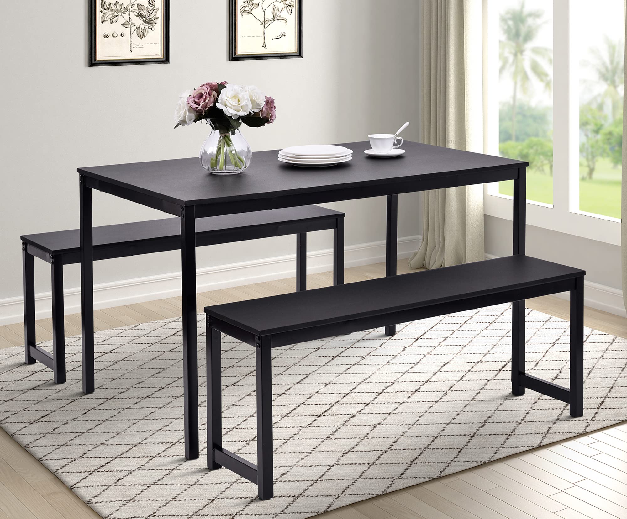 Merax 3-Piece Dining Table Set with 2 Benches - Compact Kitchen & Dining Room Table for Small Spaces | Perfect for Apartments, Breakfast Nooks & Cozy Homes