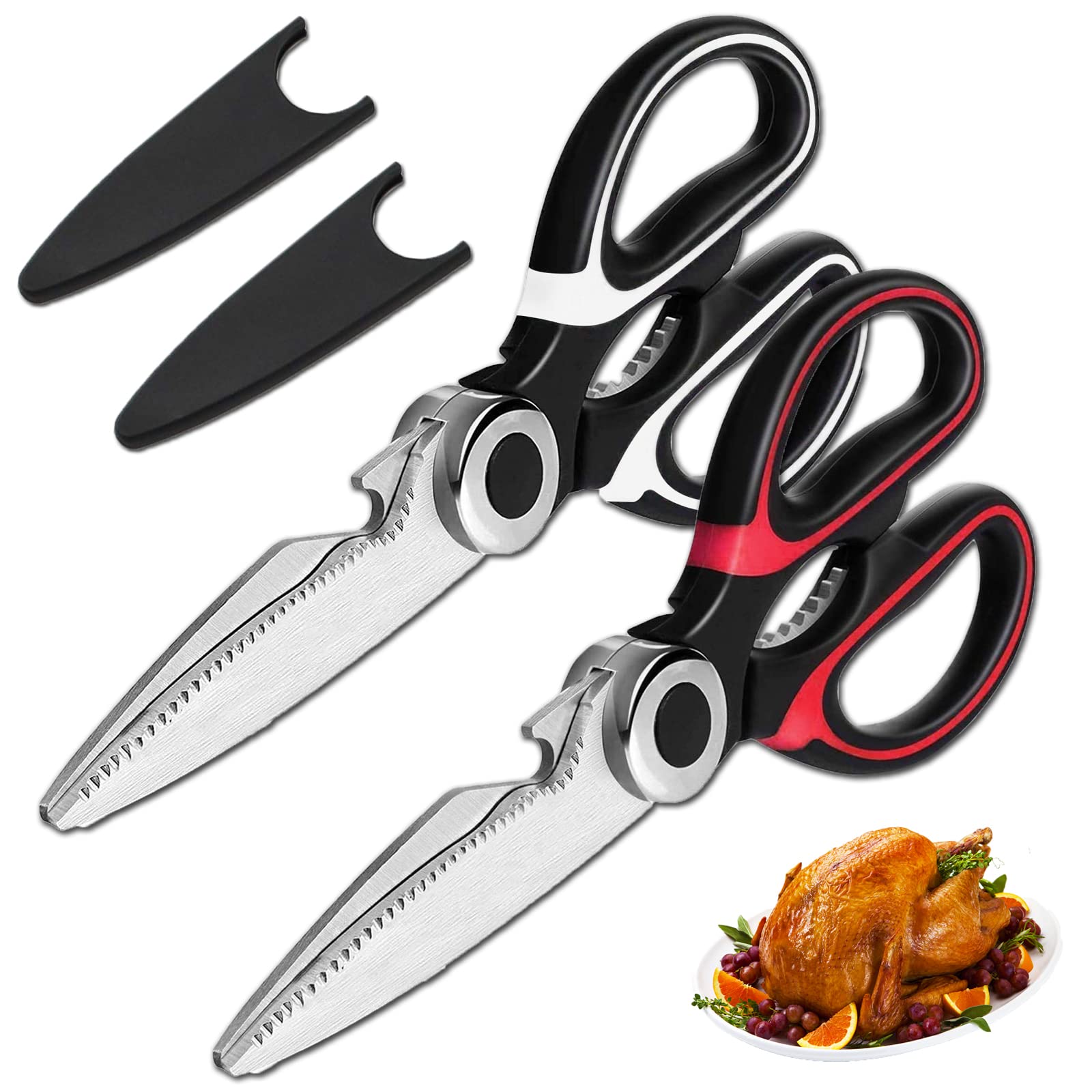Heavy Duty Stainless Steel Kitchen Scissors - 2 Pack Multipurpose Cooking Shears for Cutting Chicken, Meat, Fish, Vegetables, Herbs, Bones & Nuts - Perfect for Food Prep, BBQ, Poultry & Floral Arrangements