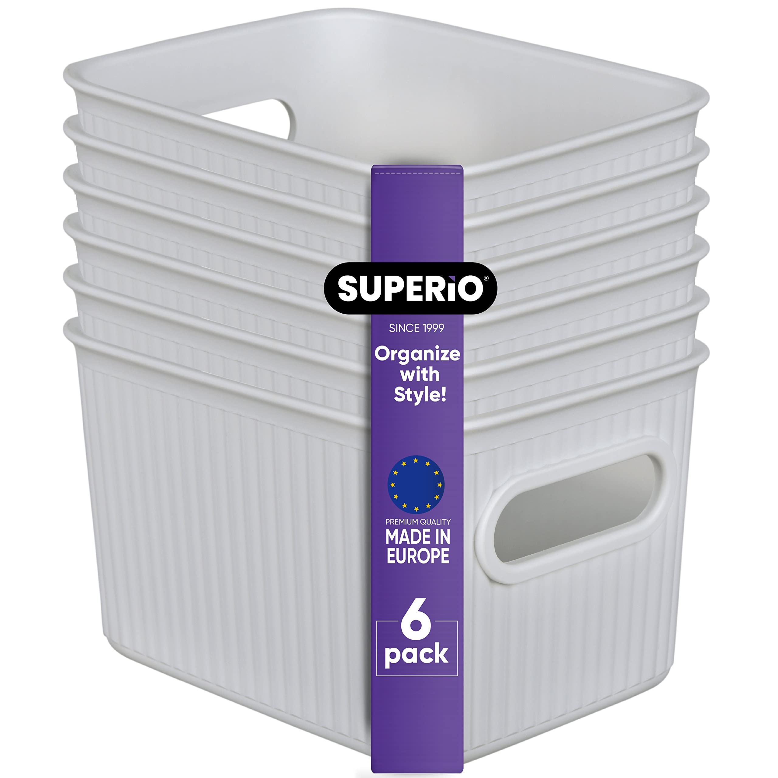 Superior Ribbed Plastic Storage Bins 6-Pack - White Smoke Decorative Organizer Baskets for Home, Closet, Shelves & Drawers | 1.5L Open Container Boxes | Perfect for Bedroom, Bathroom & Office Organization
