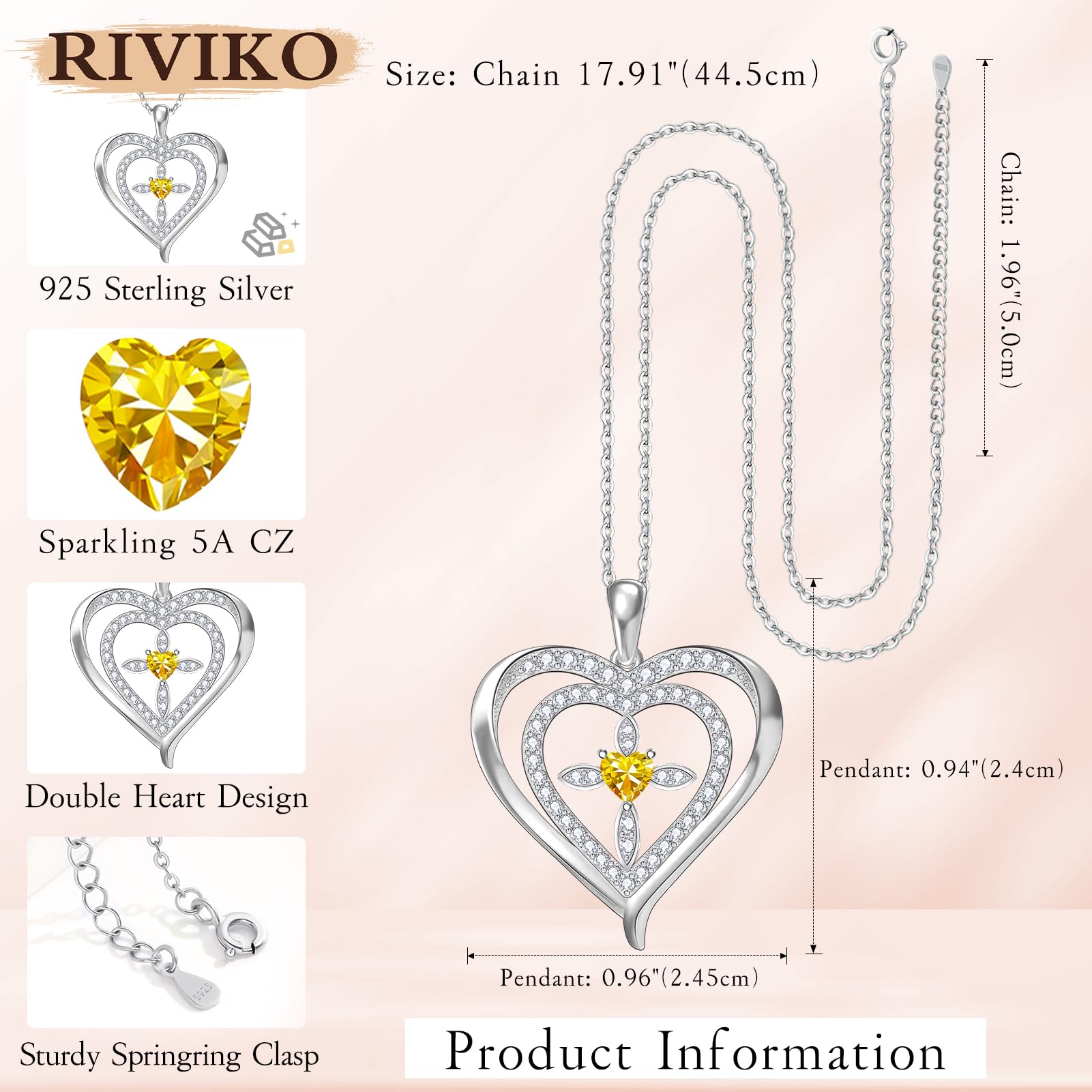 RIVIKO 925 Sterling Silver Cross Birthstone Necklace for Women - Elegant Heart Pendant Necklace, Trendy Anniversary Jewelry & Birthday Gift for Wife, Mother, Friend | Perfect for Christmas, Valentine's Day & Special Occasions