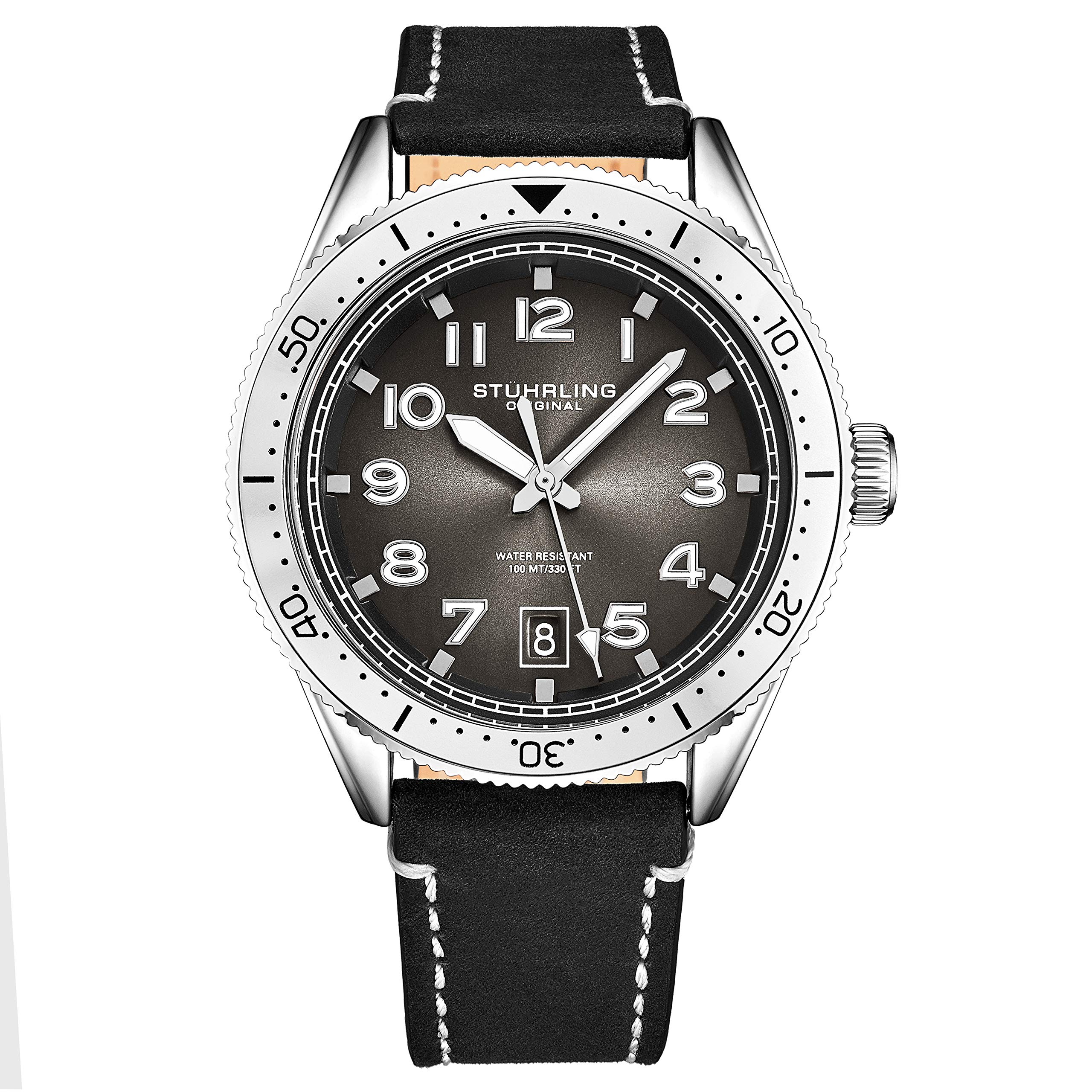 Stuhrling Original Men's Leather Dress Watch - Aviation Analog Watch with Date, Genuine Leather Strap, Water Resistant, Business & Formal Wear Wristwatch for Men
