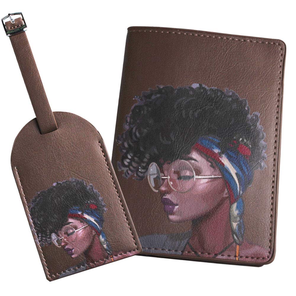 African American Women Passport Holder & Luggage Tag Set - Travel Wallet Accessories for Women & Men (Brown) | Perfect for International Trips, Vacations & Business Travel