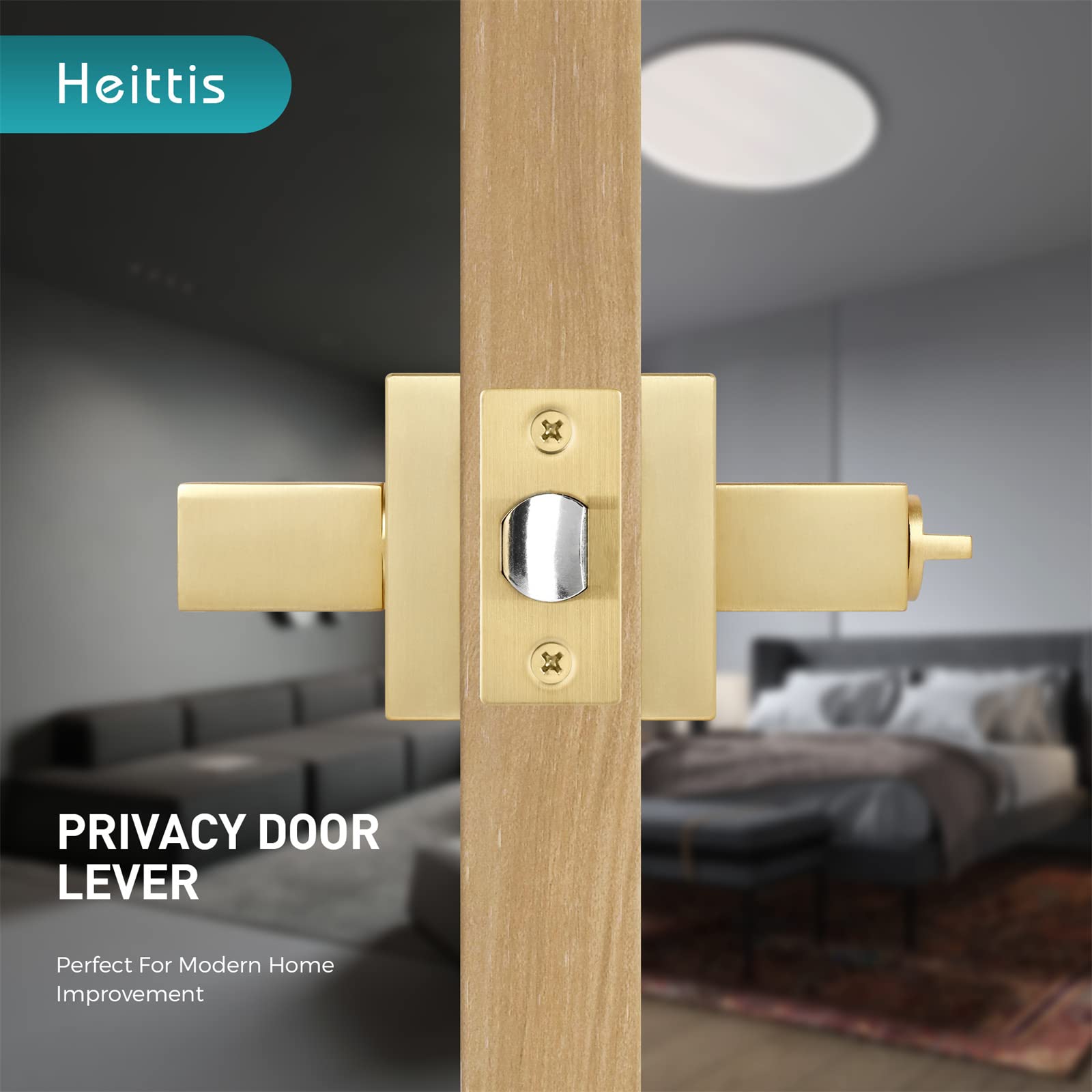 4 Pack Heavy Duty Square Privacy Door Locks - Gold Bathroom/Bedroom Keyless Entry Lever Handle (Left/Right Reversible) - Perfect for Home, Office, Hotel & Commercial Spaces