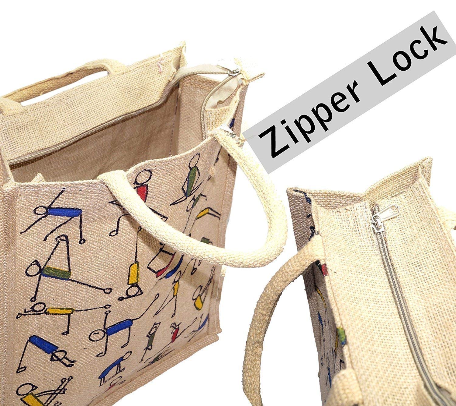 Eco-Friendly Jute Lunch Bags for Men & Women | Reusable Zippered Jute Shopping Tote with Yoga Print | Sustainable Tiffin Carrier & Grocery Bag | Pack of 2 | Perfect for Office, Picnics & Yoga Classes