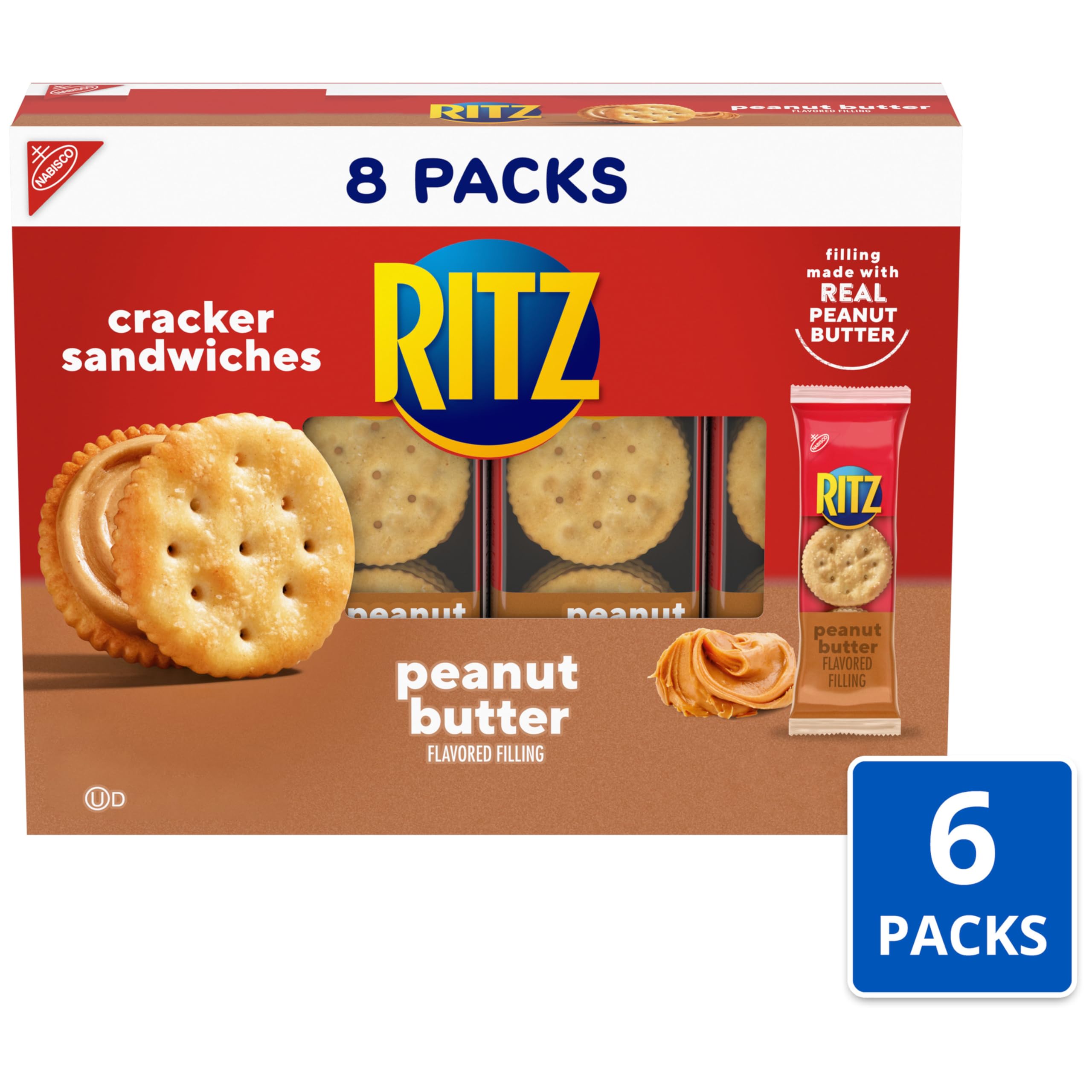 RITZ Peanut Butter Sandwich Crackers - 48 Individual Snack Packs (6 Boxes, 6 Crackers Each) - Perfect for School Lunches, Office Snacks & On-the-Go Treats