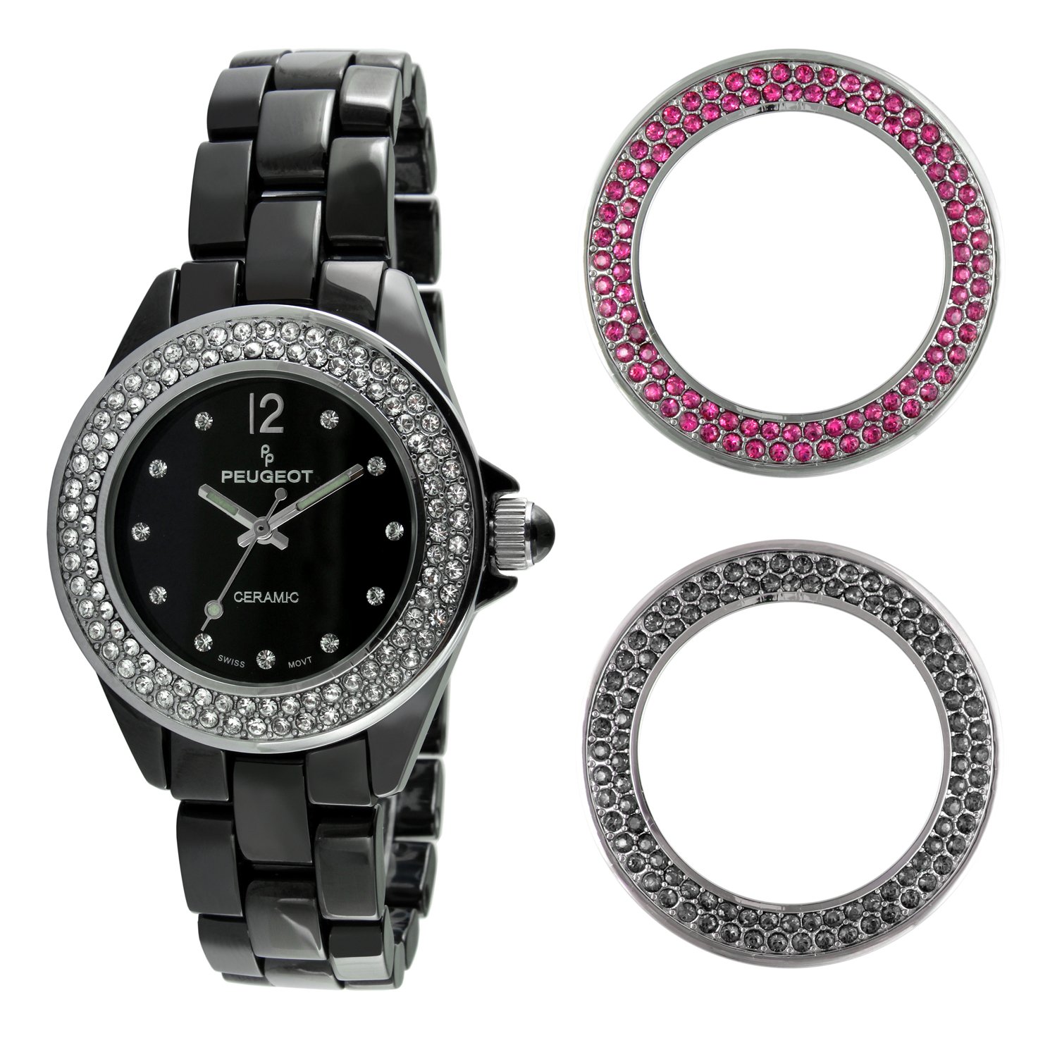 Peugeot Women's Ceramic Watch Set with Interchangeable Swarovski Crystal Bezels - Luxury Fashion Watch for Women, Water Resistant & Adjustable Strap - Perfect for Office, Party & Everyday Wear