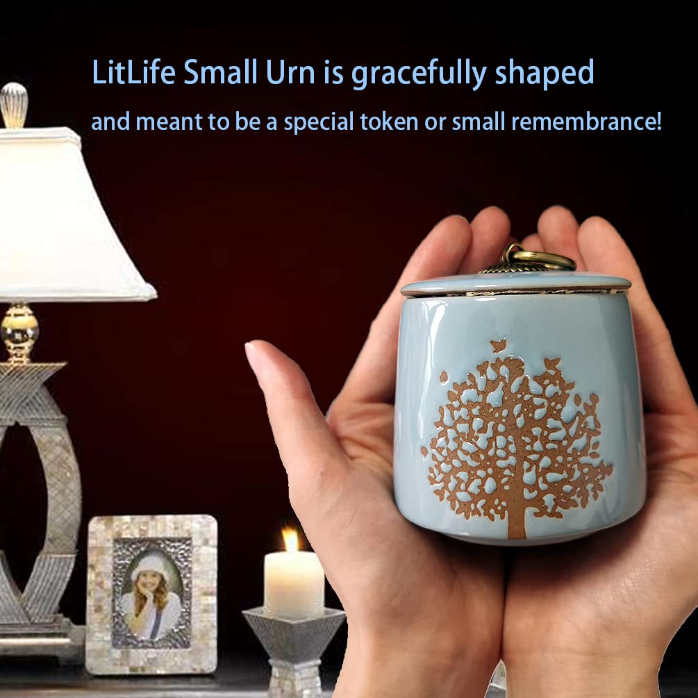 Small Cremation Urns for Human & Pet Ashes - Tree of Life Blue Decorative Memorial Urn for Adults, Dogs, Cats | Keepsake Funeral Box, Burial Urn & Ash Vial Set for Home Memorial, Scattering Ceremonies & Graveside Tributes