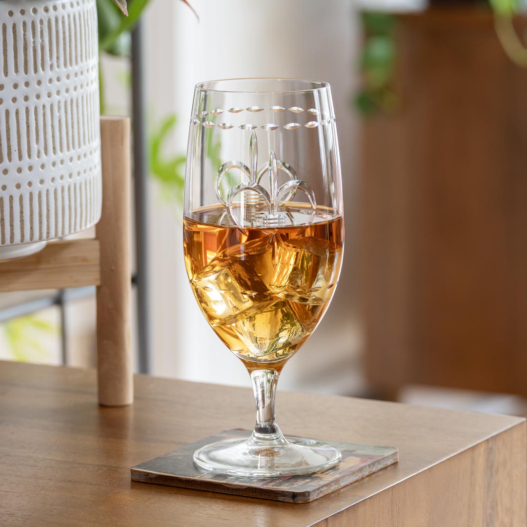 Premium 16oz Fleur De Lis Footed Iced Tea Glasses - Set of 12 | Elegant Glassware for Summer Parties, Iced Coffee, Lemonade & Refreshing Beverages